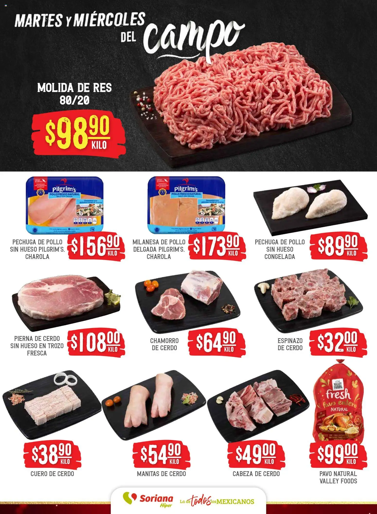 Nuevas ofertas de Soriana válidas en toda la República Mexicana desde el 16.12.2025. ¡Encuentra las mejores ofertas en Soriana - Martes y Miércoles del Campo Híper: Ags, Nay, Jal, Qro, Col, Mich, Gto, Hgo, Tlax, Mor, Pue, Gro, Oax, Edo. de Mex, Vall! | Página: 4 | Productos: Pollo, Milanesa, Cerdo, Res