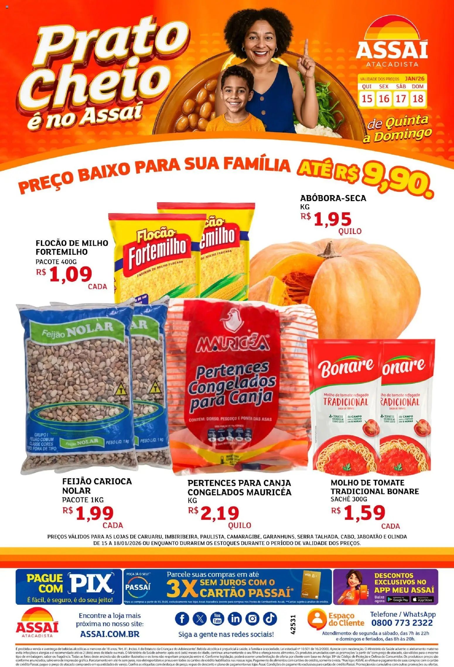 Assaí Atacadista Folheto - válido de 15.01.2026 | Página: 1 | Produtos: Feijão, Base, Baixo, Telefone