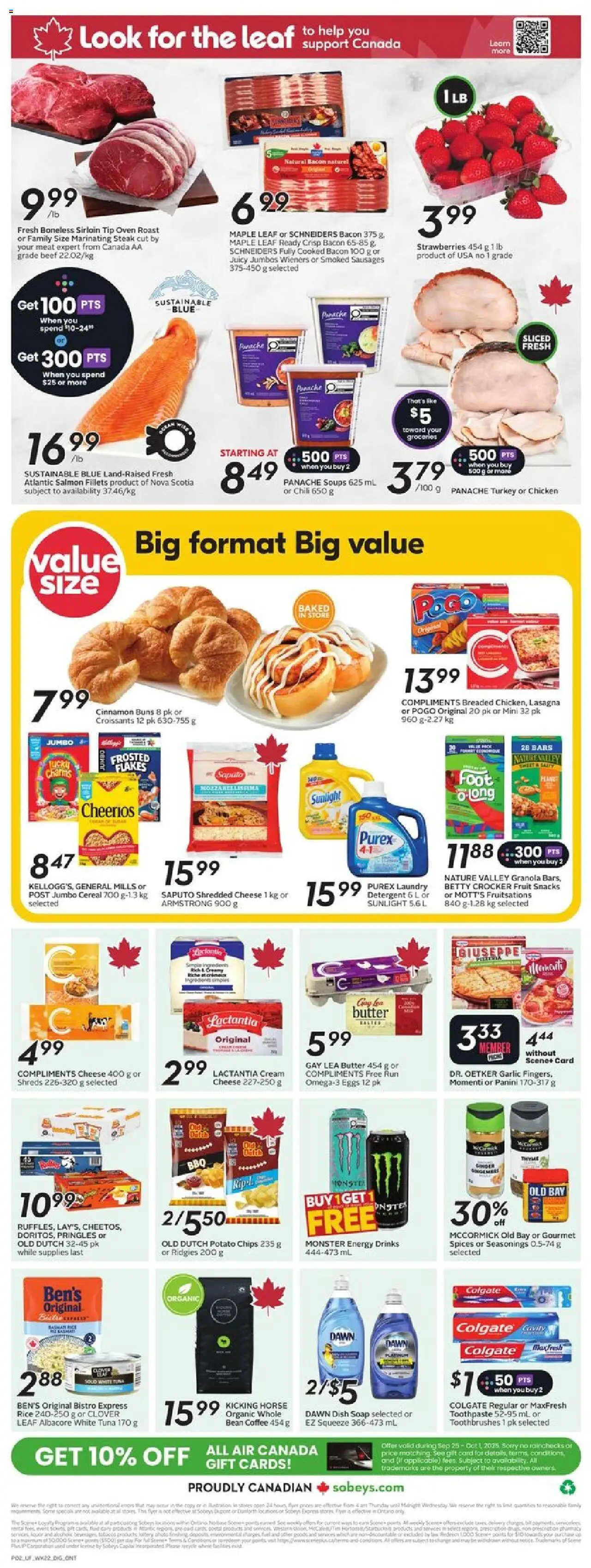 Sobeys flyer valid from 25.09.2025 | Page: 4 | Products: Beef, Strawberries, Turkey, Detergent