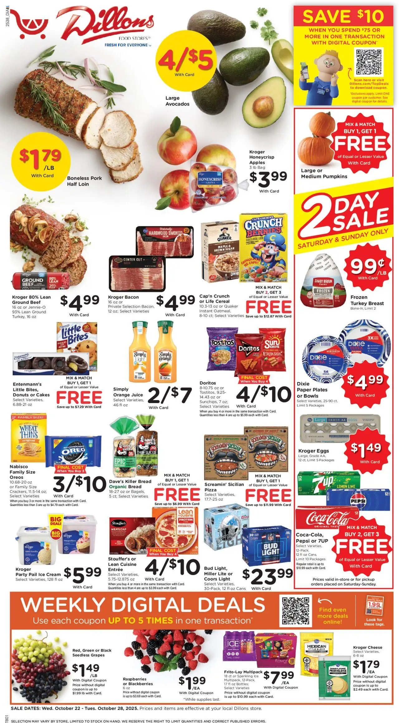 Dillons Weekly Ad - valid from 22.10.2025 | Page: 1 | Products: Eggs, Beef, Cream, Bag