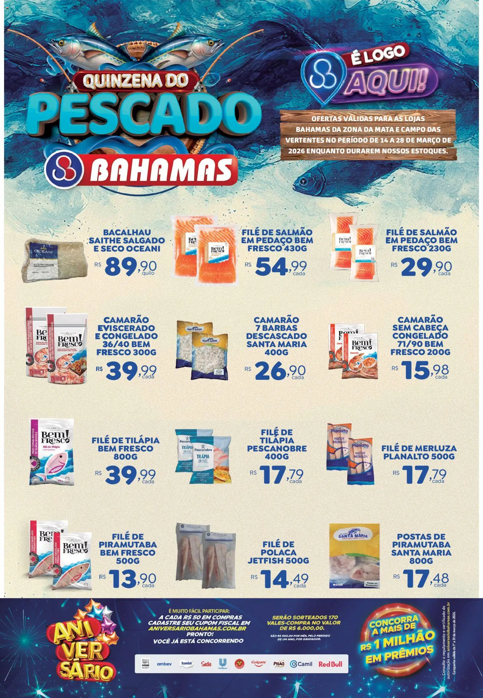 Bahamas Supermercados Folheto - válido de 14.03.2026 | Página: 1 | Produtos: Bacalhau, Camarão, Tilápia, Tinta