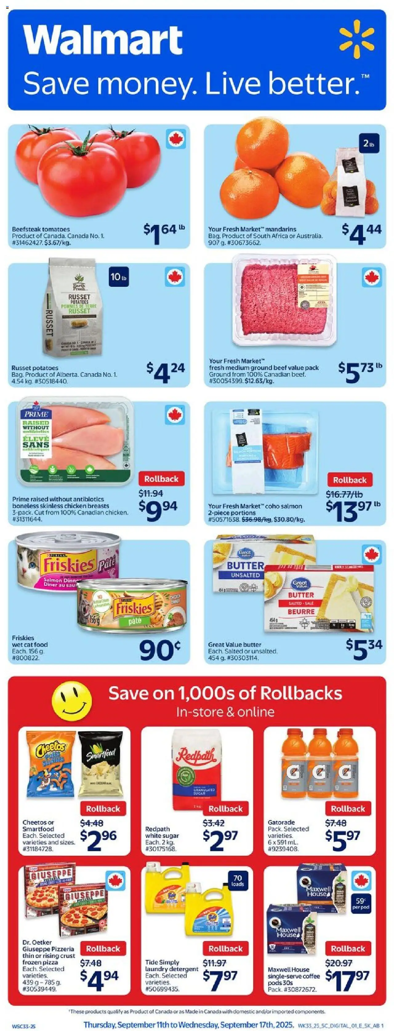 Walmart flyer valid from 11.09.2025 | Page: 1 | Products: Beef, Chicken breasts, Detergent, Pizza
