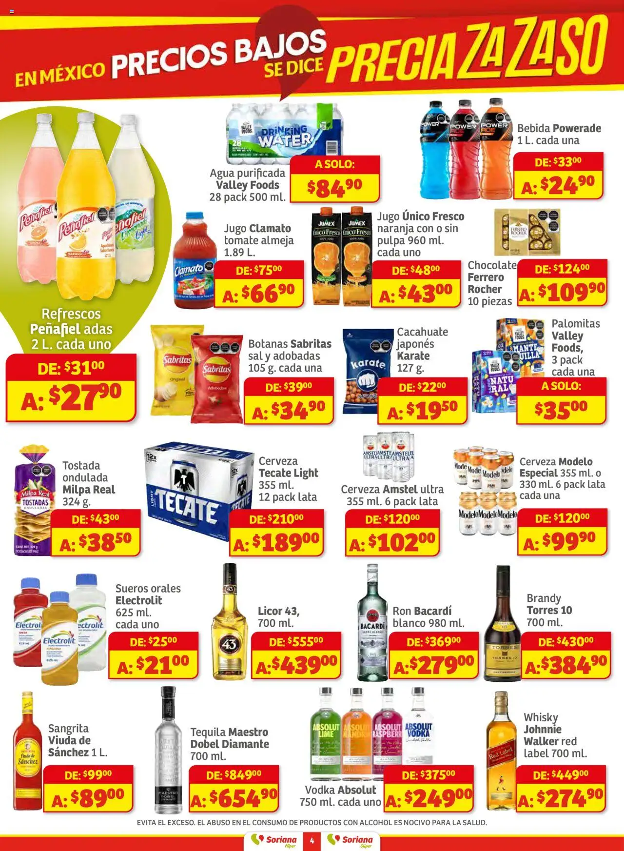 Nuevas ofertas de Soriana válidas en toda la República Mexicana desde el 16.10.2025. ¡Encuentra las mejores ofertas en Soriana - Preciazazaso Súper: BCS, Jal, Nay, Sin, Son! | Página: 4 | Productos: Sal, Agua, Cerveza, Tequila