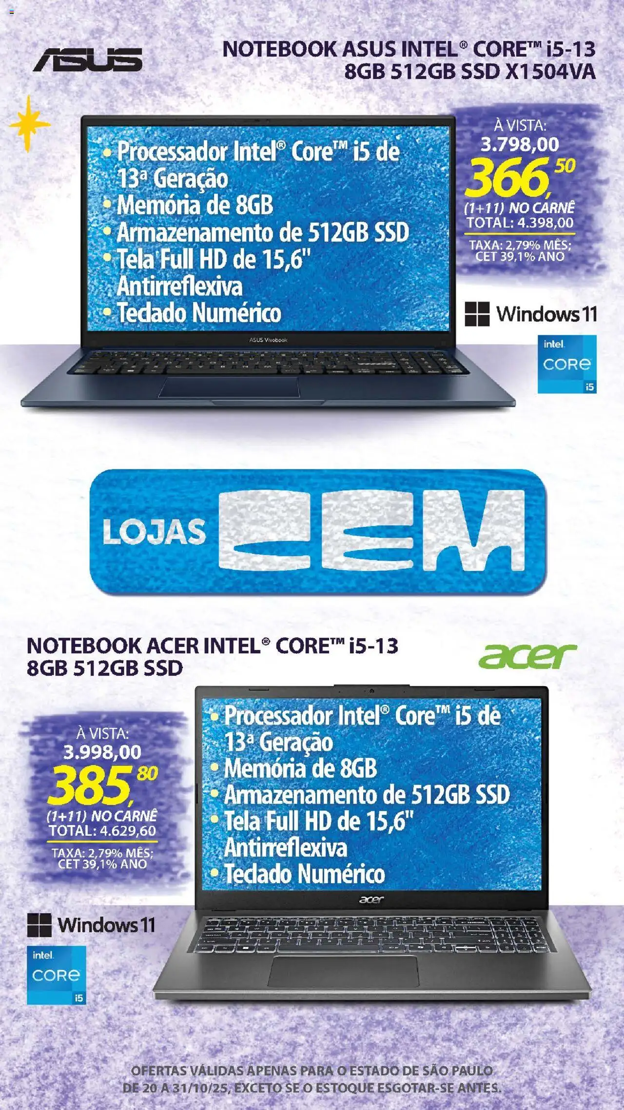 Lojas Cem Folheto - válido de 20.10.2025 | Página: 15 | Produtos: Notebook, Tela, Carne, Teclado