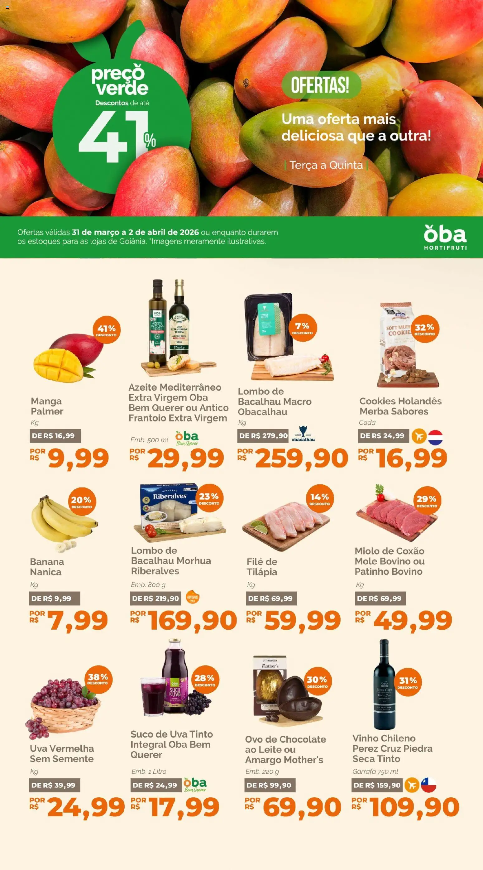 Oba Hortifruti Folheto - válido de 31.03.2026 | Página: 1 | Produtos: Leite, Chocolate, Suco, Vinho
