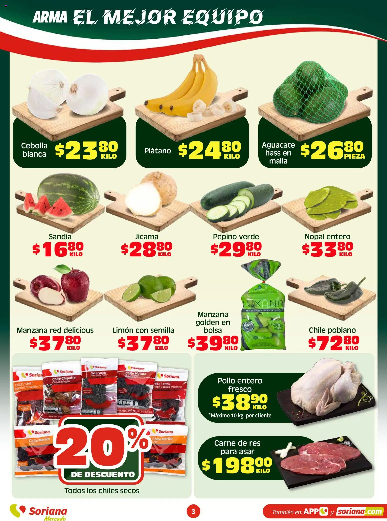 Nuevas ofertas de Soriana válidas en toda la República Mexicana desde el 03.04.2026. ¡Encuentra las mejores ofertas en Soriana Fin de Semana Mercado: Ver, Tab, Chis, Camp, Yuc y Q. Roo! | Página: 3 | Productos: Pollo, Cebolla, Sandía, Aguacate