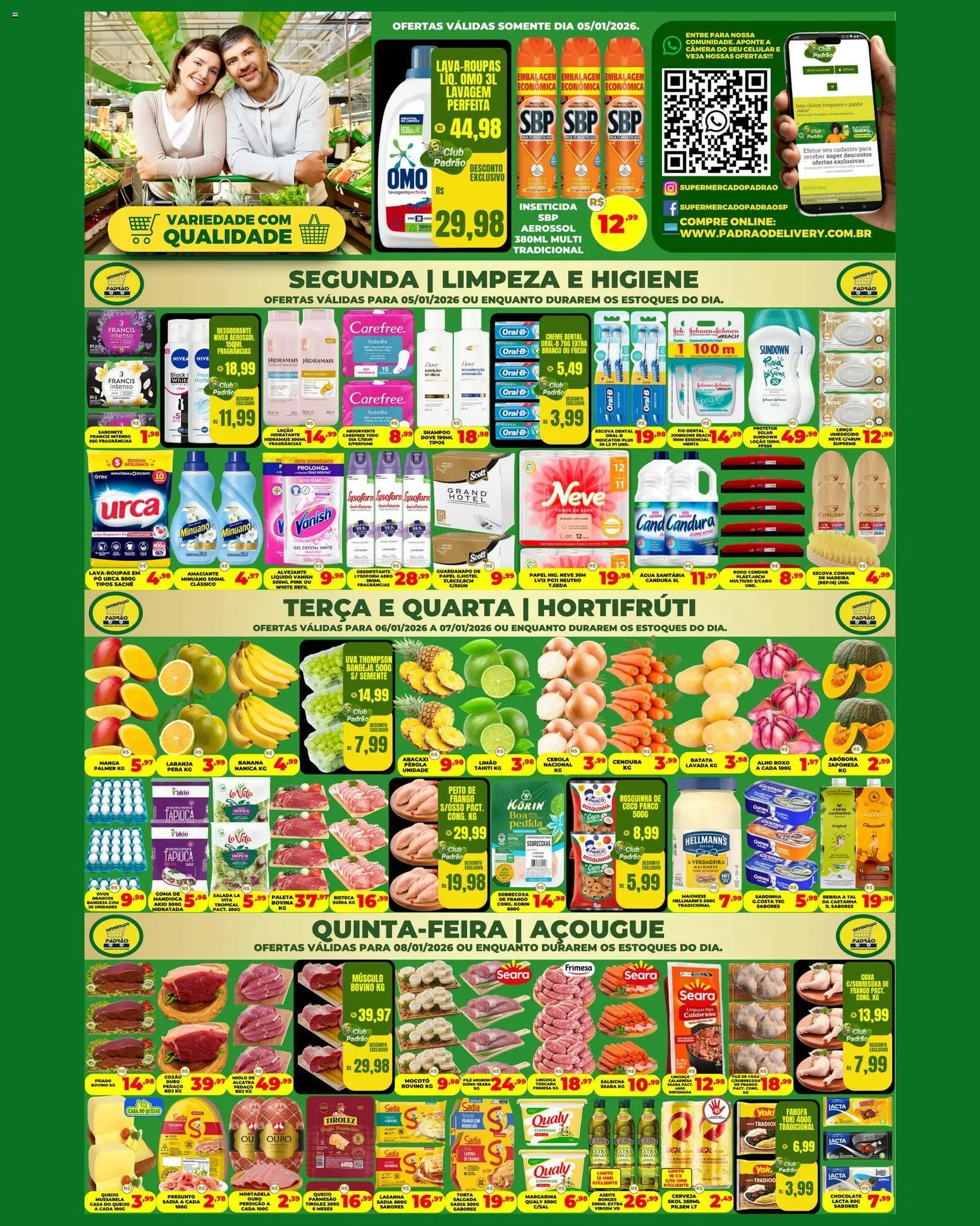 Supermercado Padrão Folheto - válido de 05.01.2026 | Página: 1 | Produtos: Mortadela, Lasanha, Desinfetante, Água sanitária