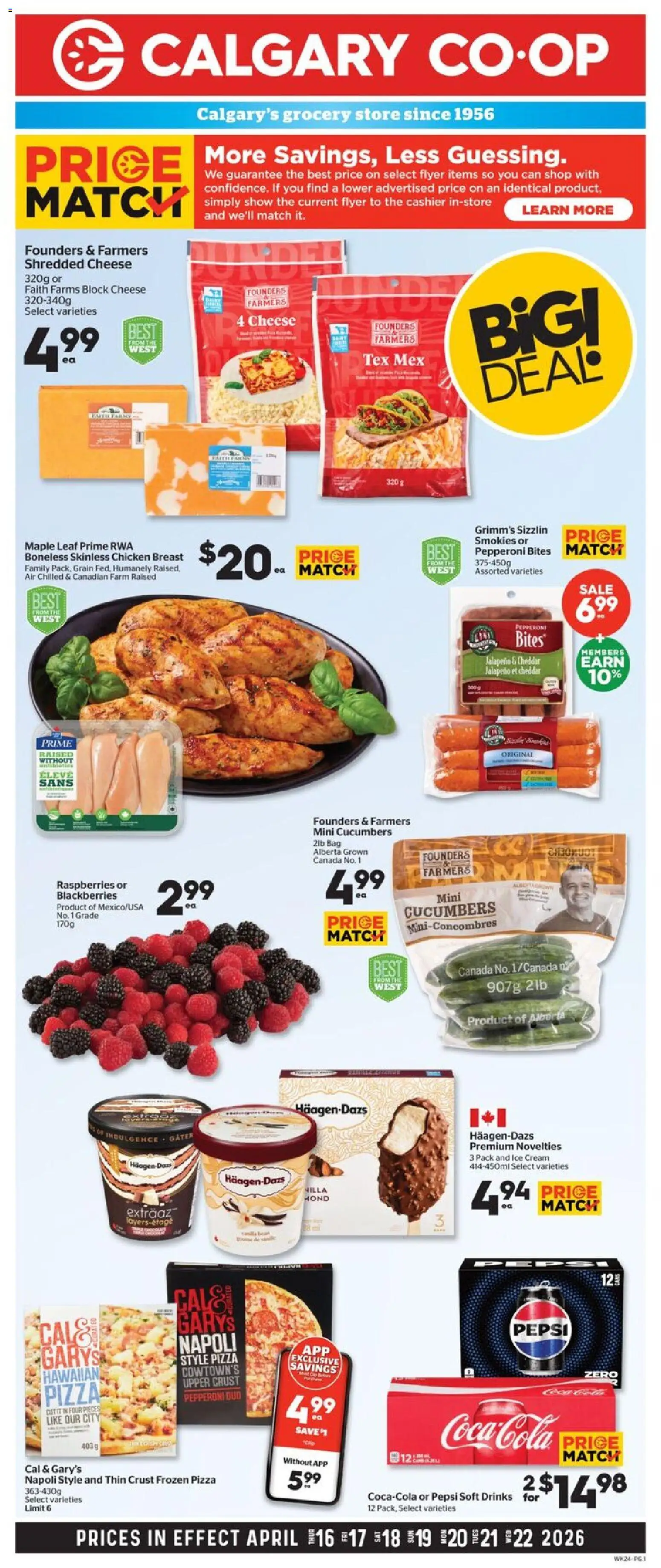 Calgary Co-op flyer valid from 16.04.2026 | Page: 1 | Products: Cream, Ice cream, Pizza, Chicken