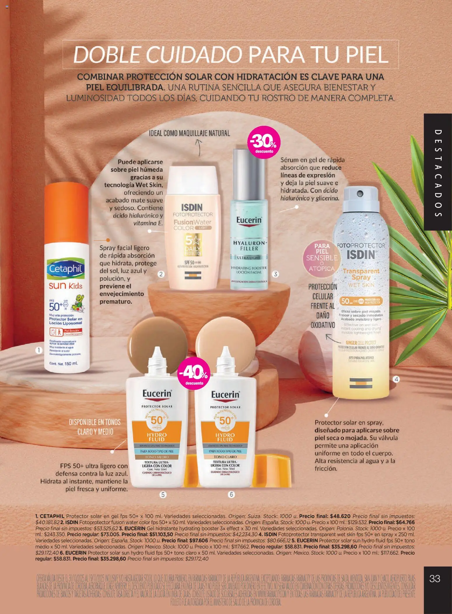 Farmacity catálogo │ válido desde el 30.10.2025 | Página: 33 | Productos: Sobre, Serum, Protector solar, Agua