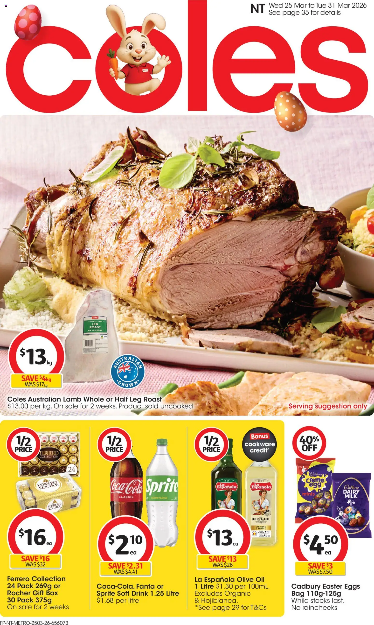 Coles catalogue - valid from 25.03.2026 | Page: 1 | Products: Lamb, Cookware, Olive oil, Bag