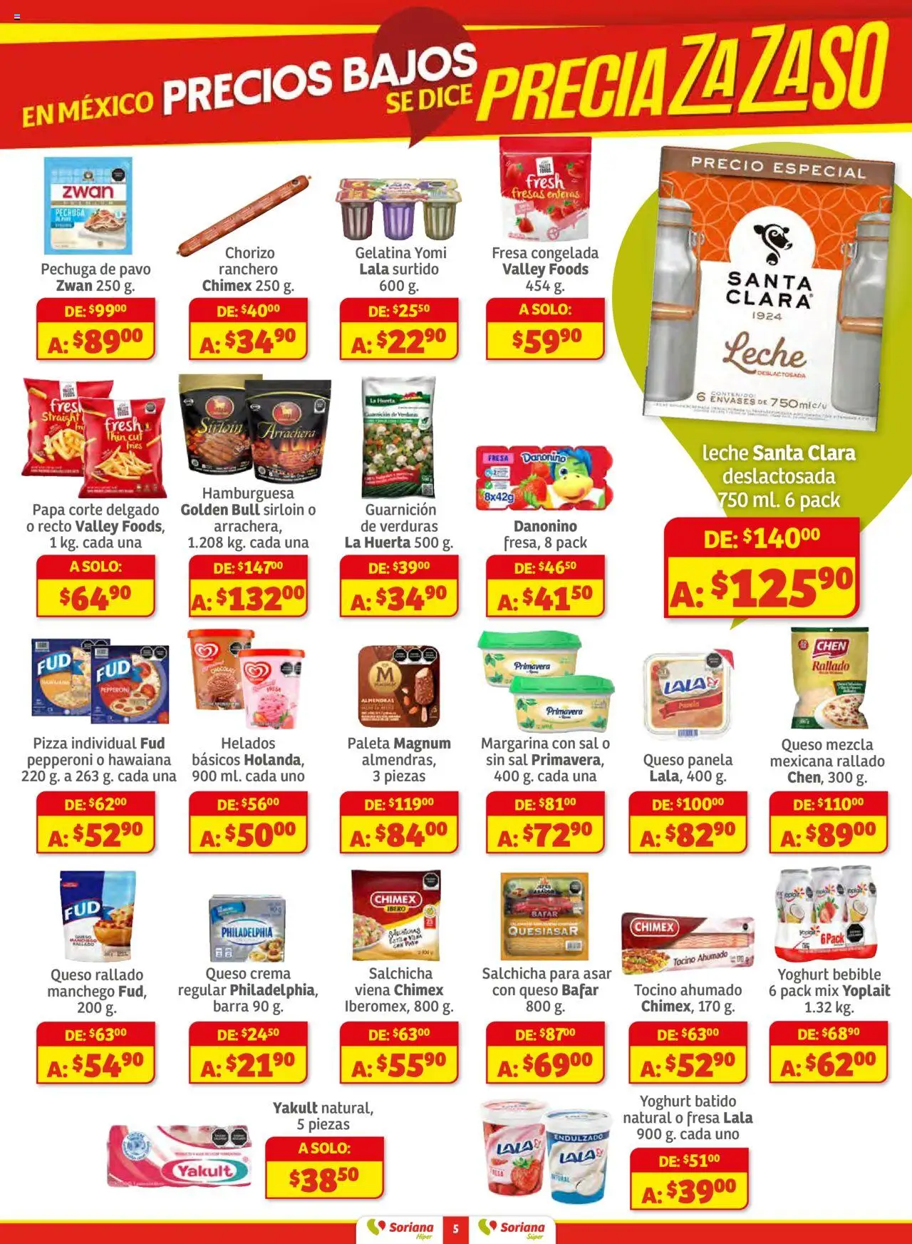 Nuevas ofertas de Soriana válidas en toda la República Mexicana desde el 16.10.2025. ¡Encuentra las mejores ofertas en Soriana - Preciazazaso Súper: Chih, Coah, Dur, NL, SLP, Tamps, Zac! | Página: 5 | Productos: Gelatina, Crema, Leche, Margarina