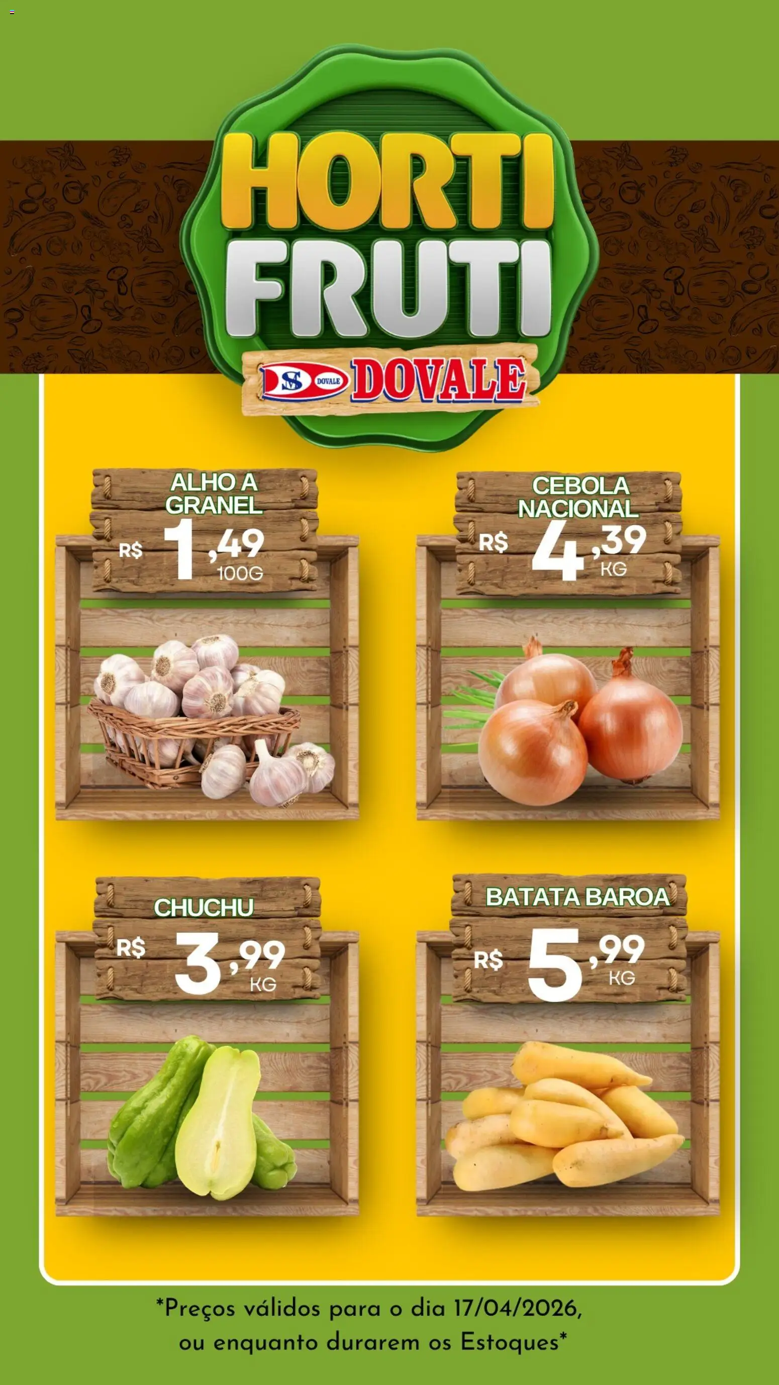 Dovale Folheto - válido de 17.04.2026 | Página: 1 | Produtos: Chuchu, Alho, Cebola, Batata