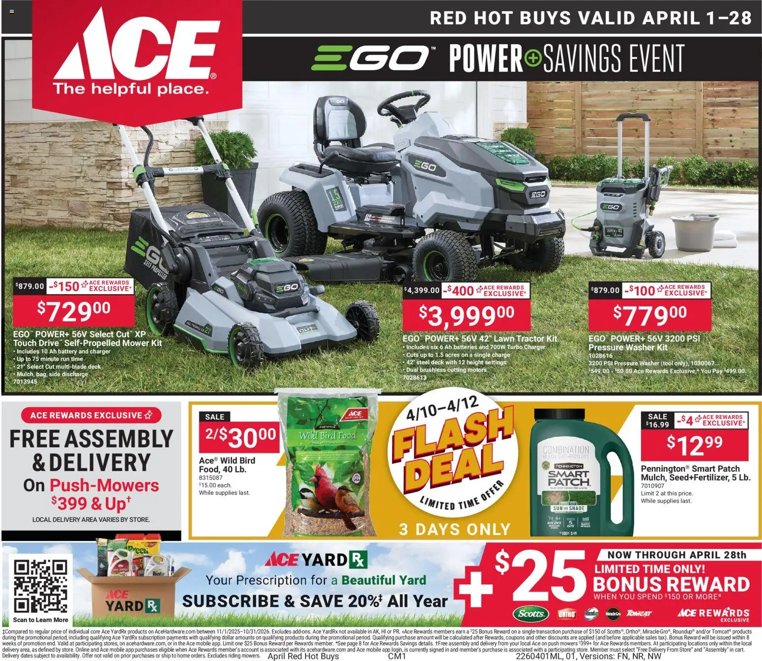 ACE Hardware Weekly Ad - valid from 01.04.2026 | Page: 1 | Products: Mower, Battery, Washer, Charger