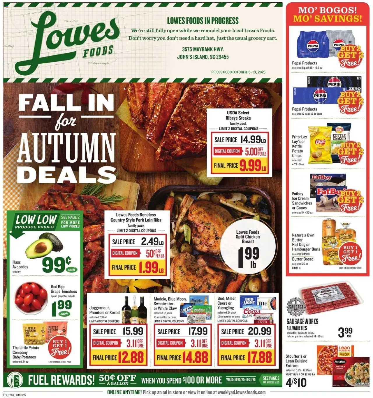 Lowes Foods Weekly Ad - SC - valid from 15.10.2025 | Page: 1 | Products: Butter, Bread, Pork, Potatoes