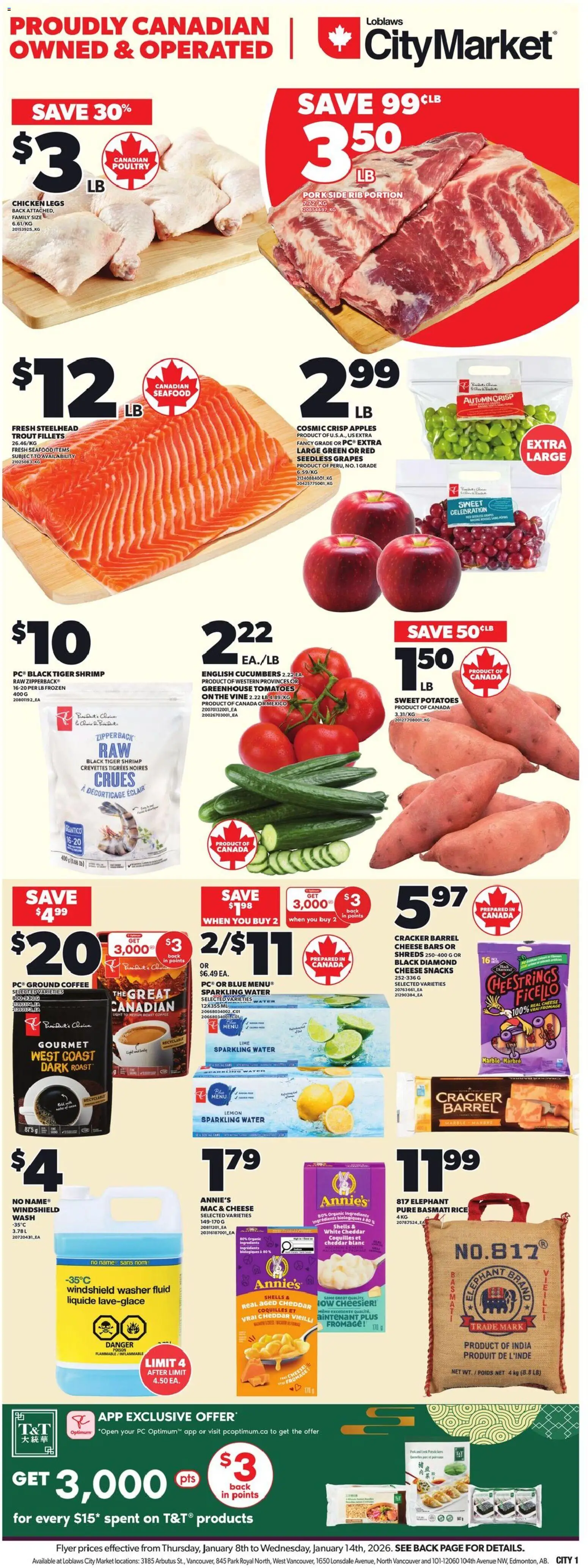 Loblaws flyer valid from 08.01.2026 | Page: 3 | Products: Rice, Cucumbers, Cheese, Pork