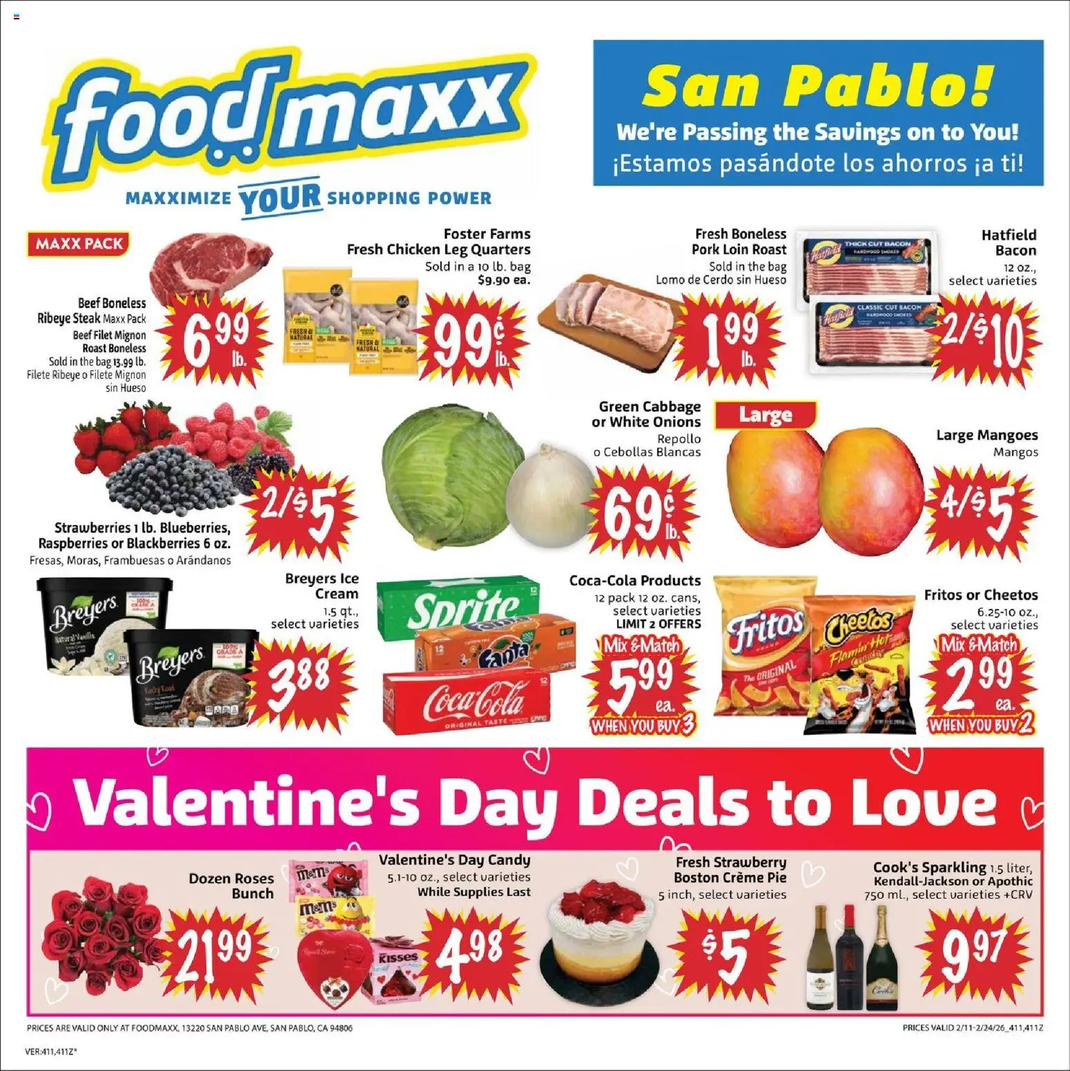 FoodMaxx Weekly Ad - CA - valid from 11.02.2026 | Page: 1 | Products: Strawberries, Cream, Cabbage, Bag