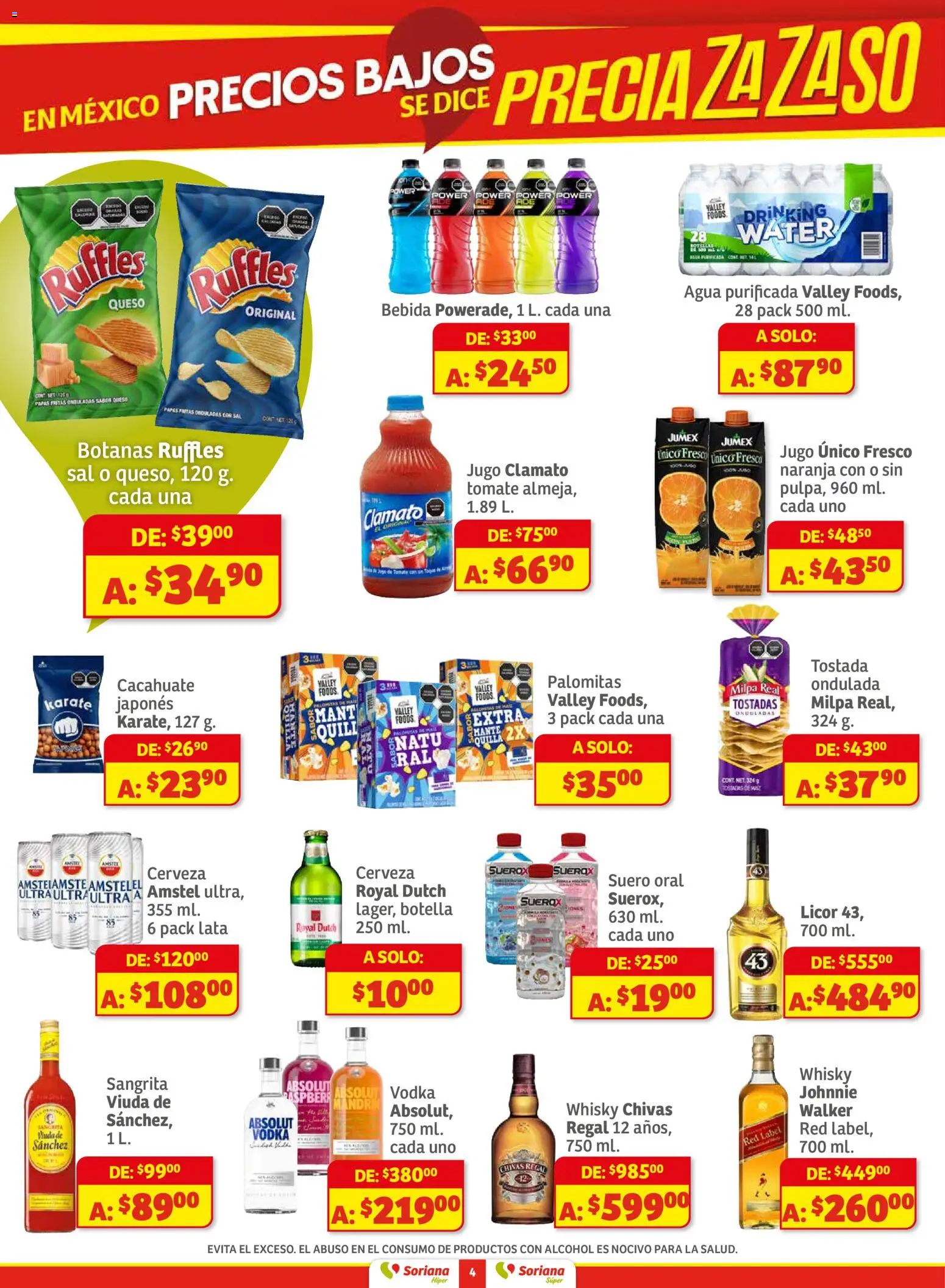 Nuevas ofertas de Soriana válidas en toda la República Mexicana desde el 27.11.2025. ¡Encuentra las mejores ofertas en Soriana - Preciazazaso Súper: Frontera BCN, Son! | Página: 4 | Productos: Agua, Jugo, Papas fritas, Botella