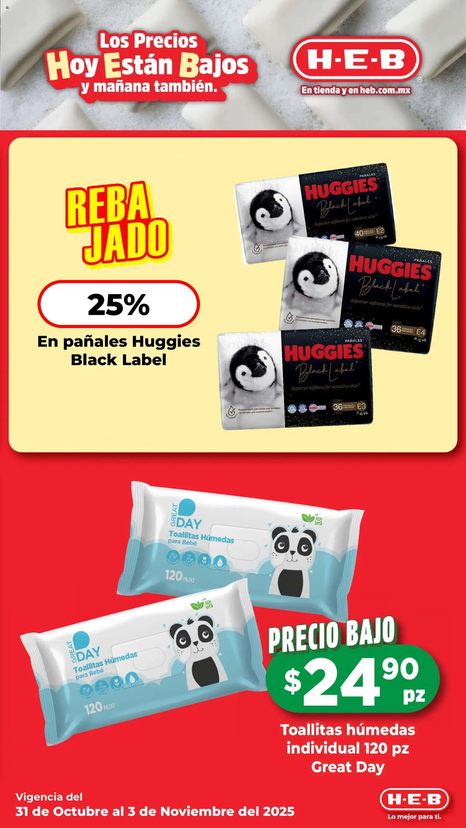 Nuevas ofertas de H-E-B válidas en toda la República Mexicana desde el 31.10.2025. ¡Encuentra las mejores ofertas en H-E-B folleto! | Página: 13 | Productos: Toallitas húmedas, Pañales