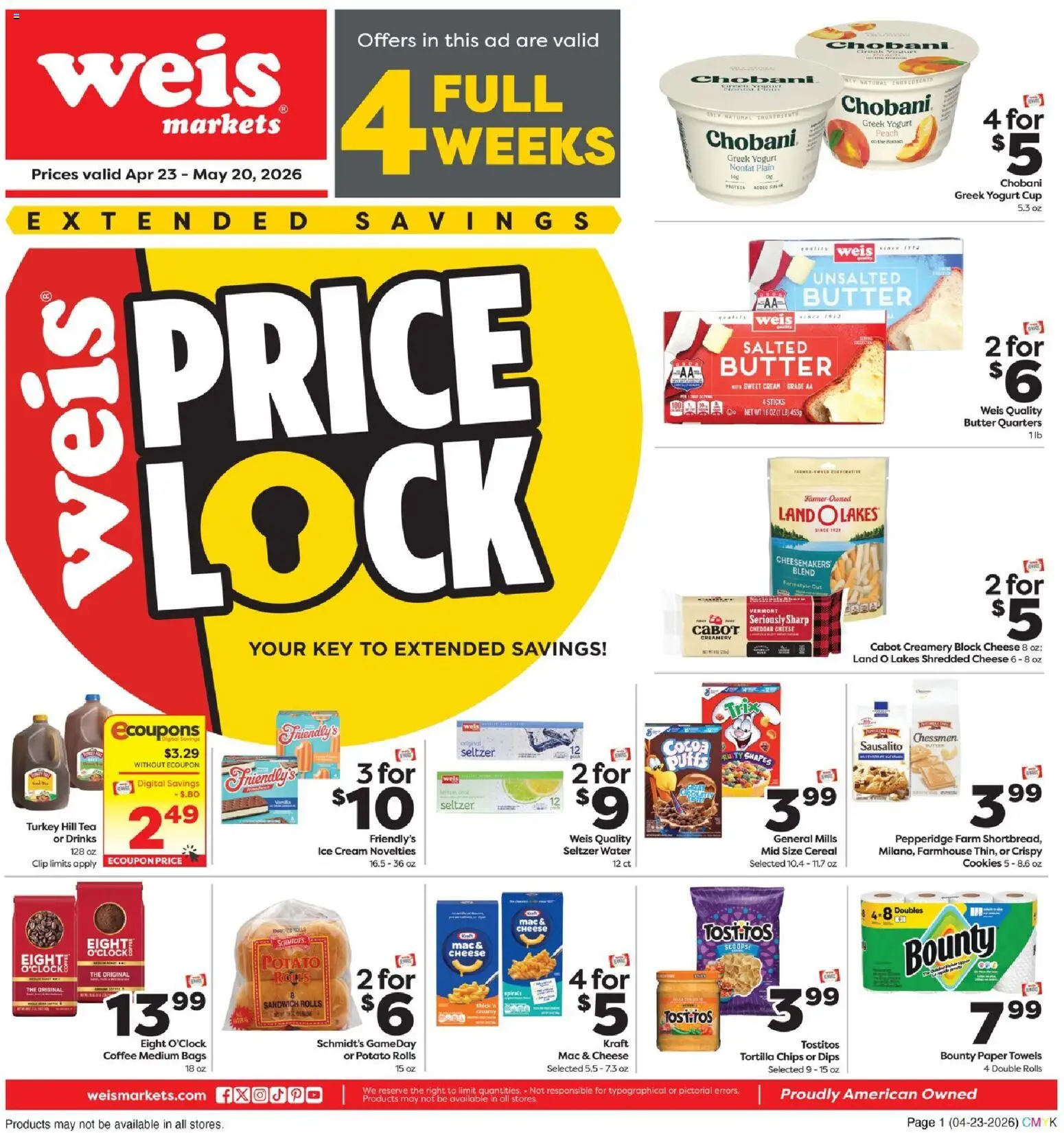 Weis Monthly Ad - valid from 23.04.2026 | Page: 1 | Products: Cheese, Yogurt, Tea, Chips