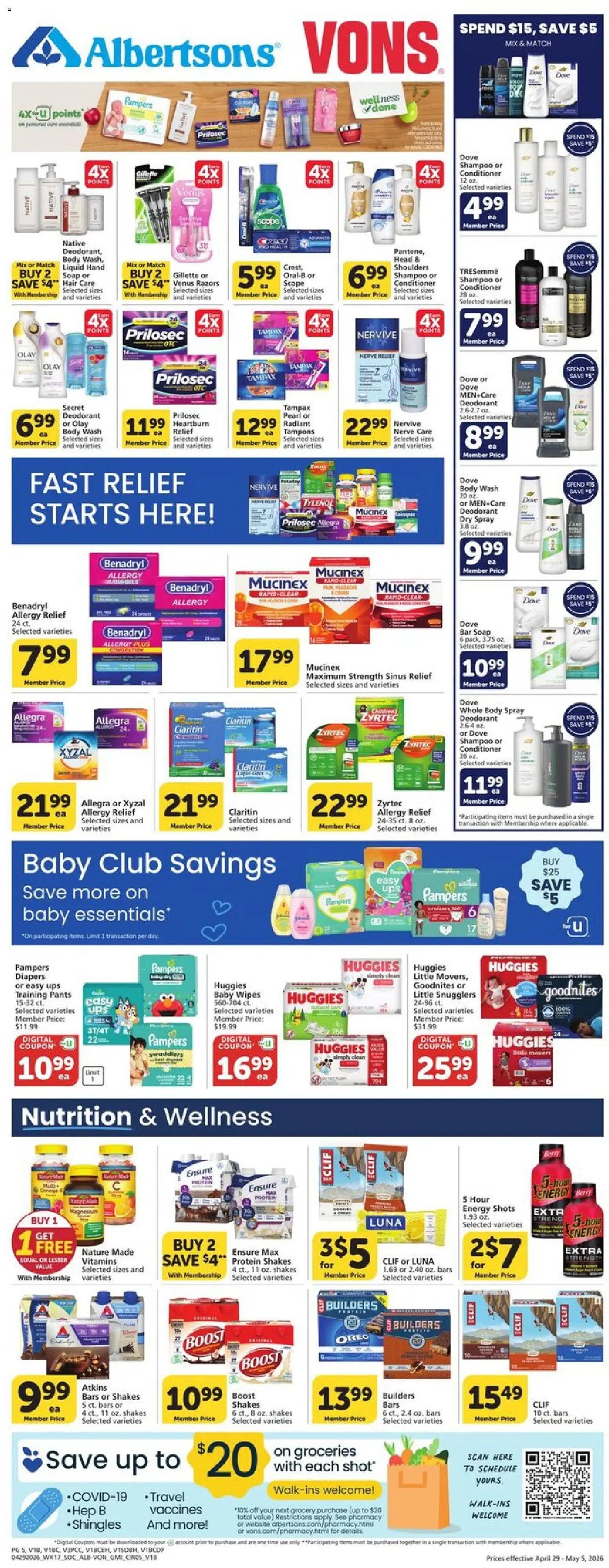 Vons Weekly Ad - valid from 29.04.2026 | Page: 5 | Products: Deodorant, Tampons, Bar Soap, Body Wash