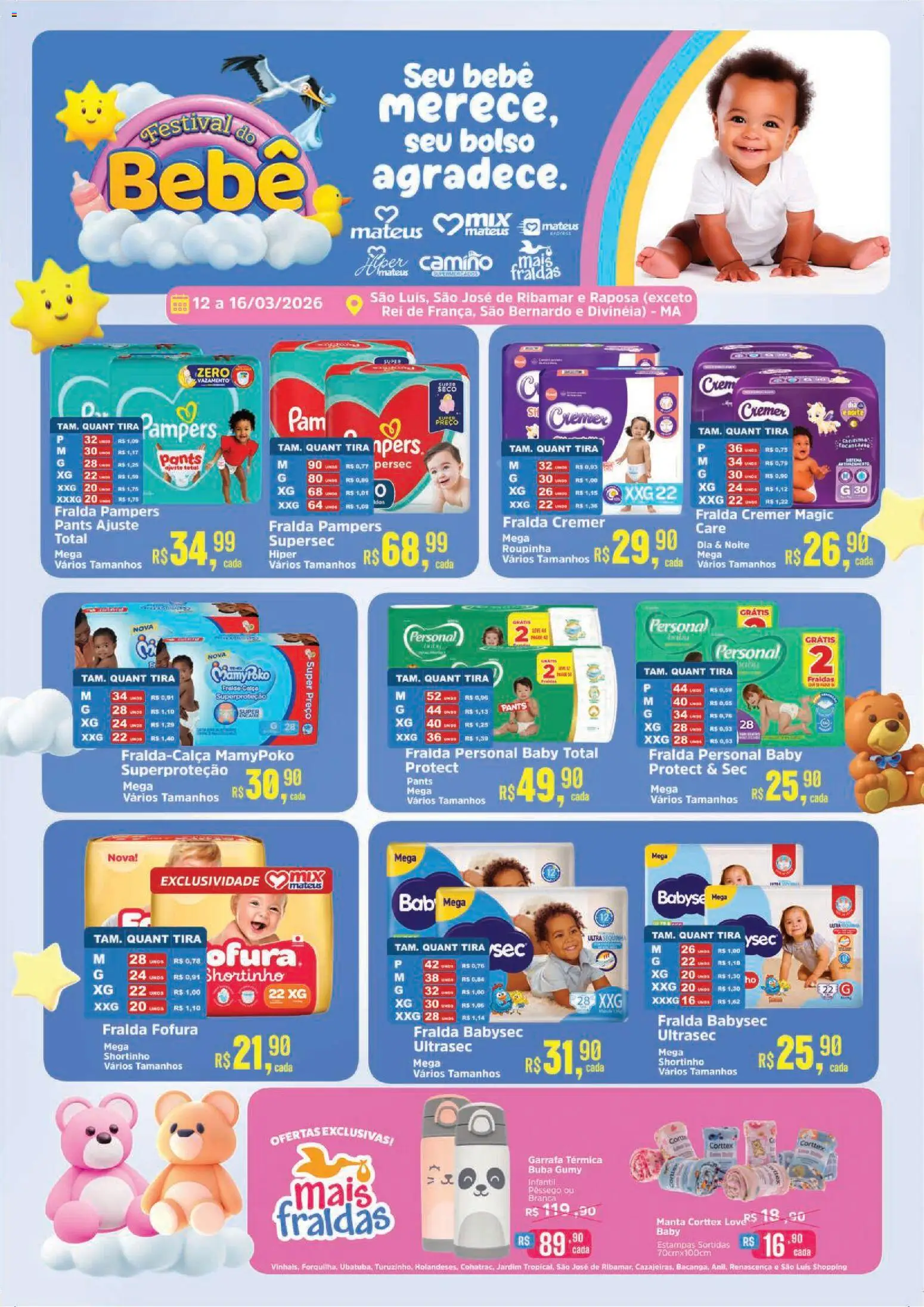 Mateus Folheto - válido de 12.03.2026 | Página: 3 | Produtos: Fralda pampers, Chia, Garrafa térmica, Fraldas