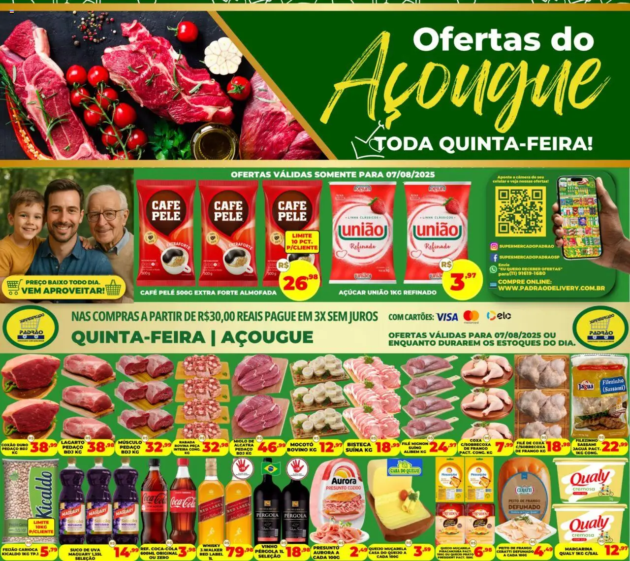 Supermercado Padrão Folheto - válido de 07.08.2025 | Página: 1 | Produtos: Suco, Vinho, Baixo, Frango
