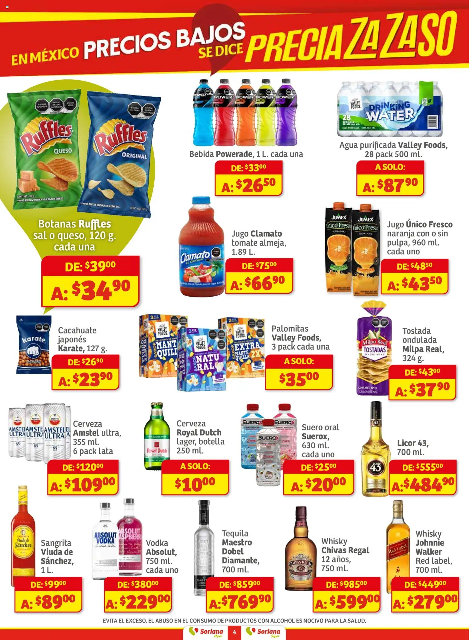 Nuevas ofertas de Soriana válidas en toda la República Mexicana desde el 27.11.2025. ¡Encuentra las mejores ofertas en Soriana - Preciazazaso Súper: BCS, Jal, Nay, Sin, Son! | Página: 4 | Productos: Sal, Cerveza, Tequila, Botella