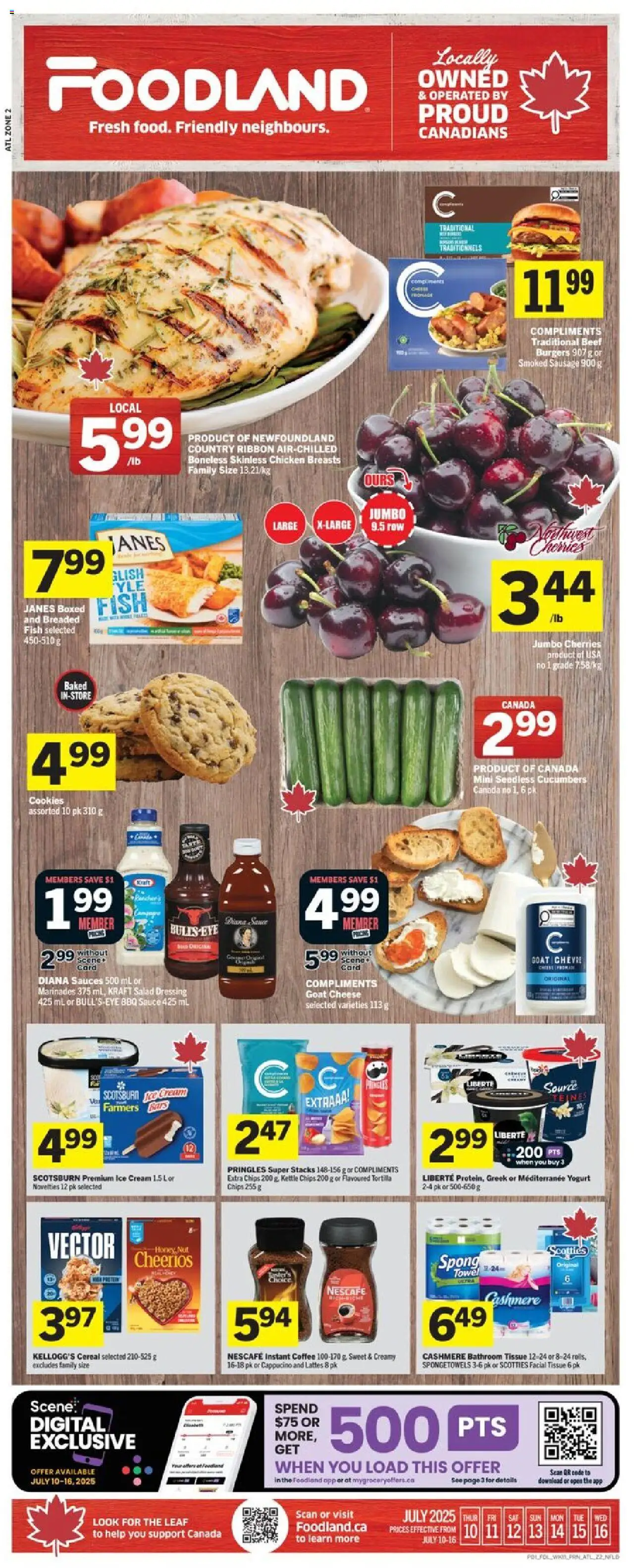 Foodland flyer valid from 10.07.2025 | Page: 1 | Products: Cucumbers, Salad, Chicken breasts, Coffee