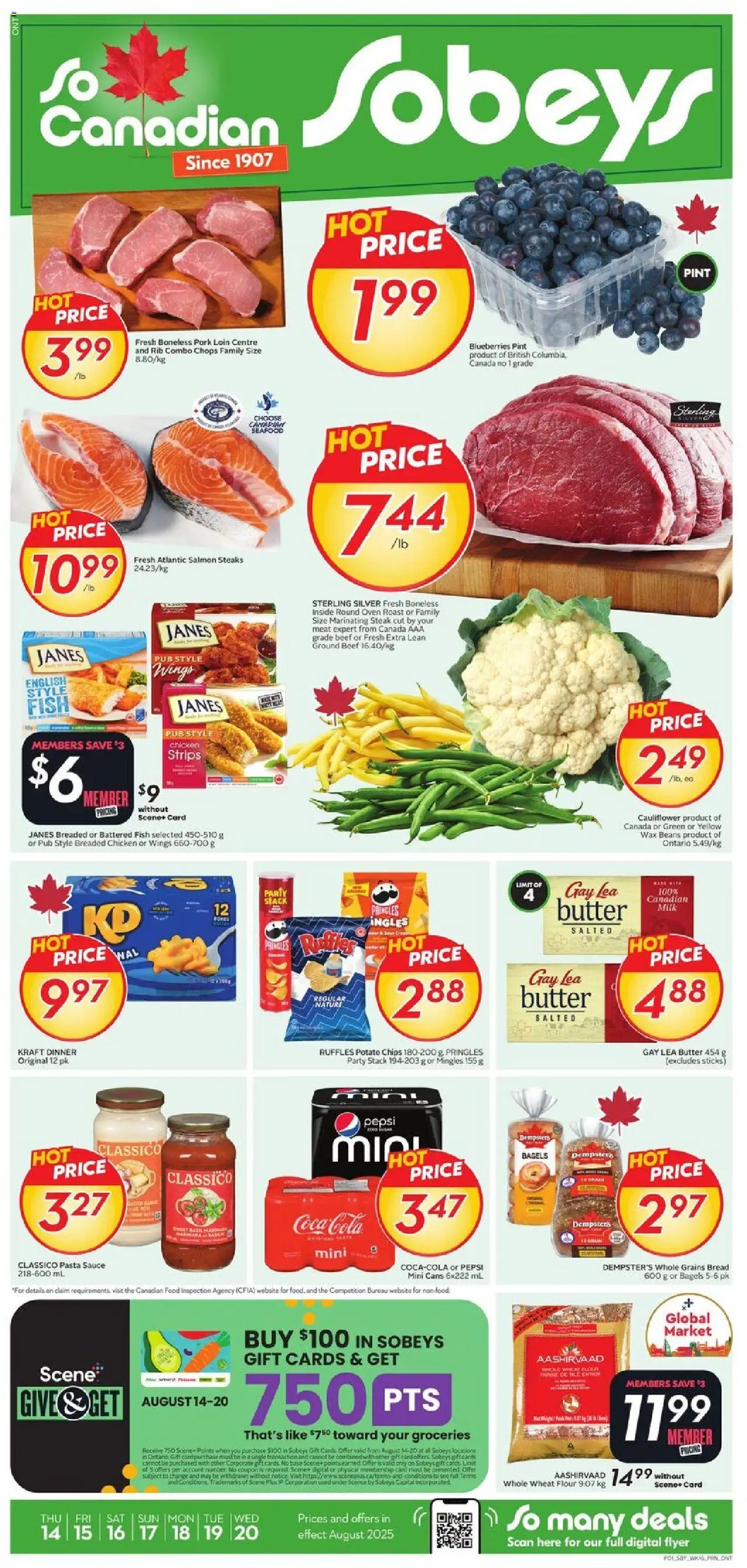 Sobeys flyer valid from 14.08.2025 | Page: 1 | Products: Pasta, Oven, Bread, Chicken