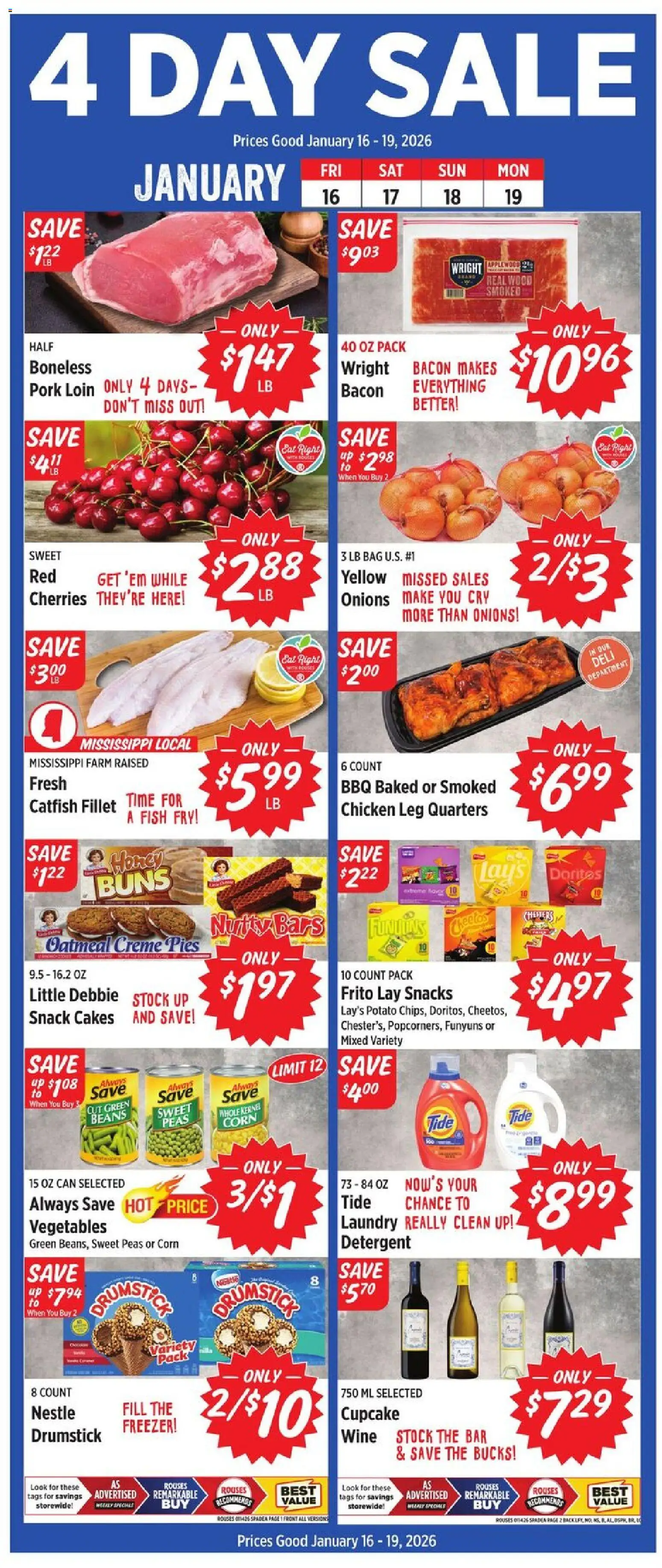 Rouses Weekly Ad - AL - valid from 14.01.2026 | Page: 1 | Products: Cherries, Pork, Fish, Freezer