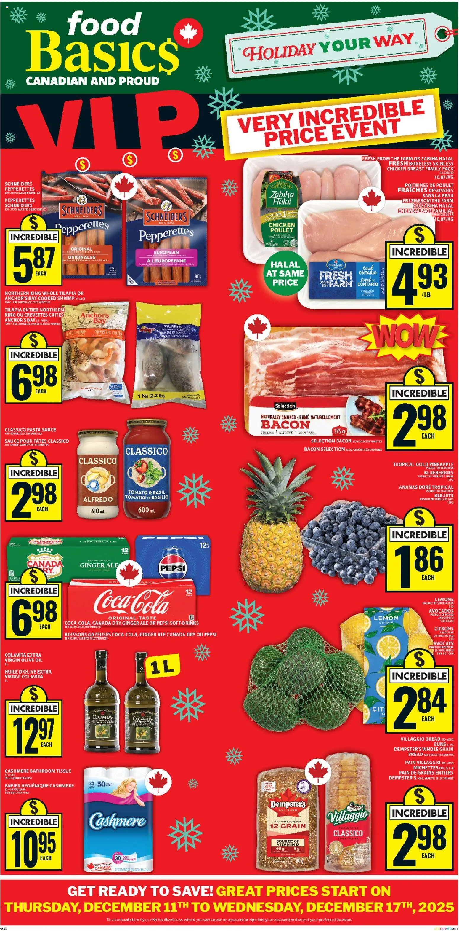 Food Basics flyer valid from 11.12.2025 | Page: 1 | Products: Pasta, Oil, Bread, Chicken