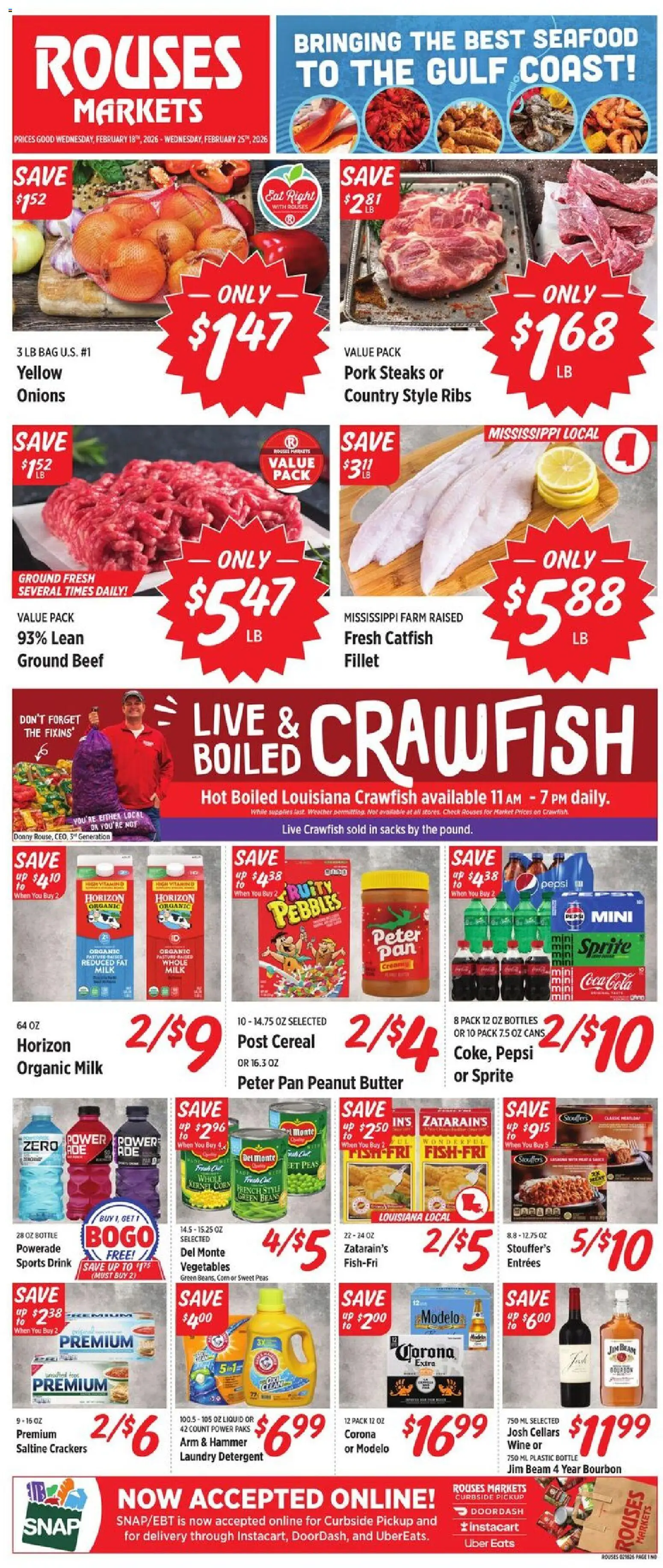 Rouses Weekly Ad - LA - valid from 18.02.2026 | Page: 1 | Products: Corn, Pan, Milk, Vegetables