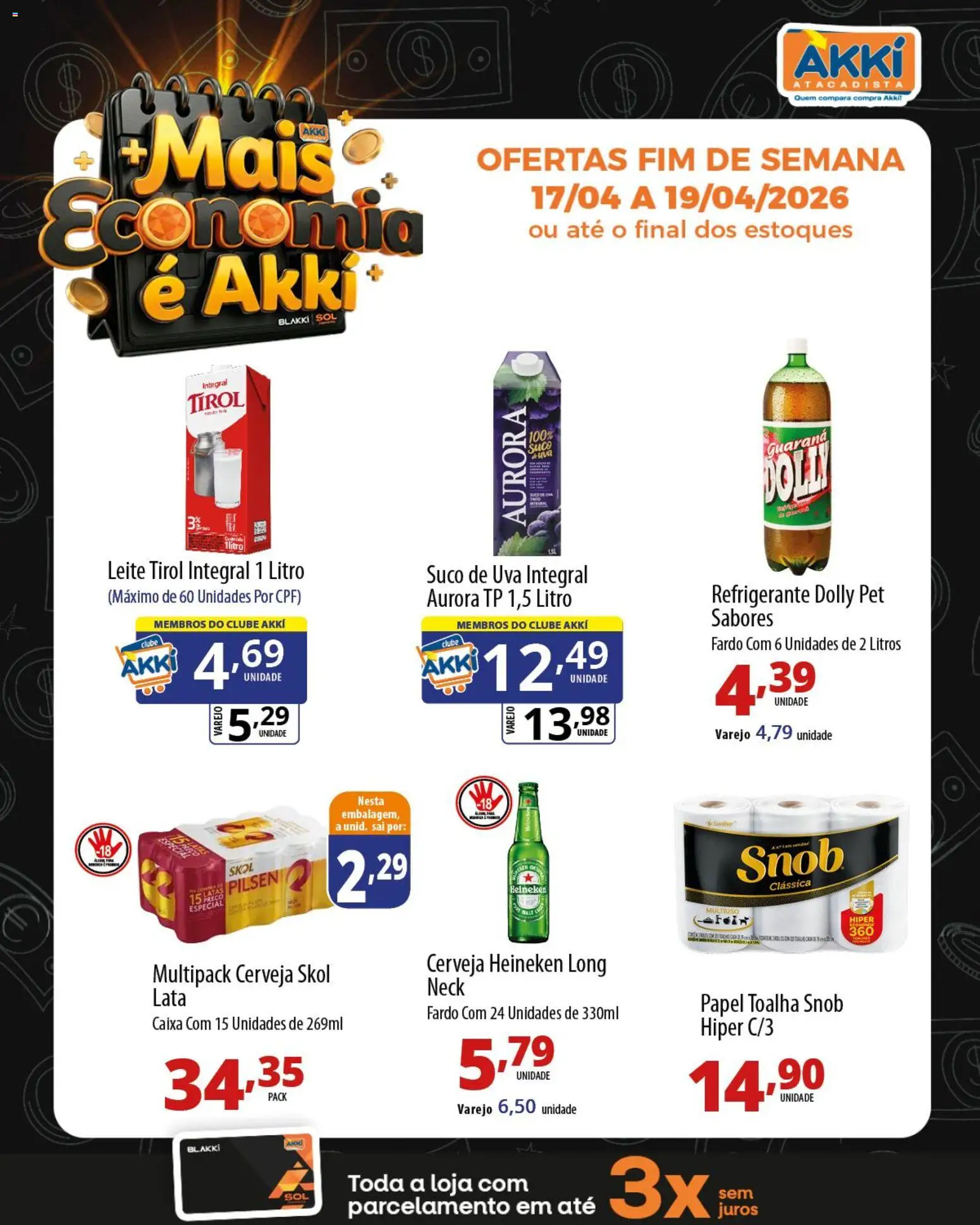 Akki Atacadista Folheto - válido de 17.04.2026 | Página: 3 | Produtos: Papel toalha, Leite, Cerveja Heineken, Refrigerante