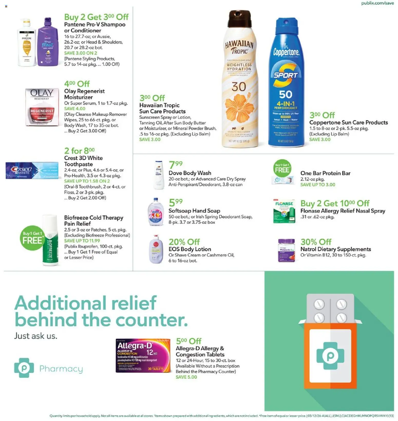 Publix Weekly Ad - valid from 11.03.2026 | Page: 13 | Products: Shampoo, Sunscreen, Deodorant, Water