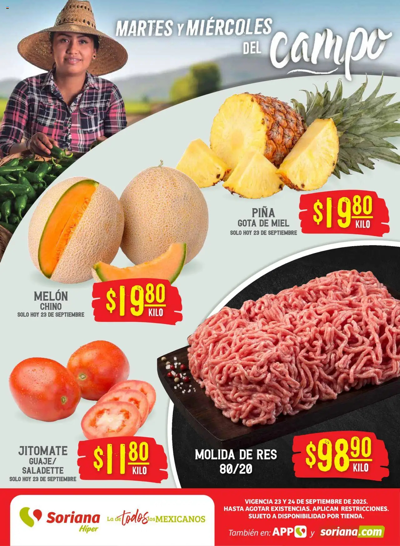 Nuevas ofertas de Soriana válidas en toda la República Mexicana desde el 23.09.2025. ¡Encuentra las mejores ofertas en Soriana - Martes y Miércoles del Campo Híper: Ver, Tab, Chis, Camp, Yuc y Q. Roo! | Página: 1 | Productos: Melón, Res, Piña