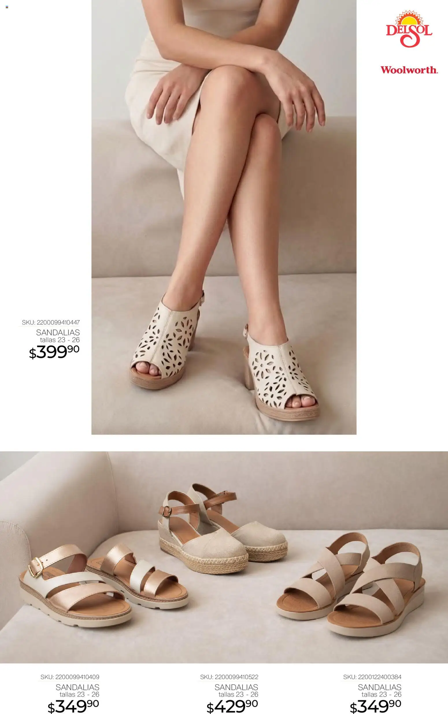 Nuevas ofertas de Del Sol y Woolworth válidas en toda la República Mexicana desde el 16.04.2026. ¡Encuentra las mejores ofertas en Del Sol y Woolworth katalog Moda para Mamá ! | Página: 27 | Productos: Sandalias