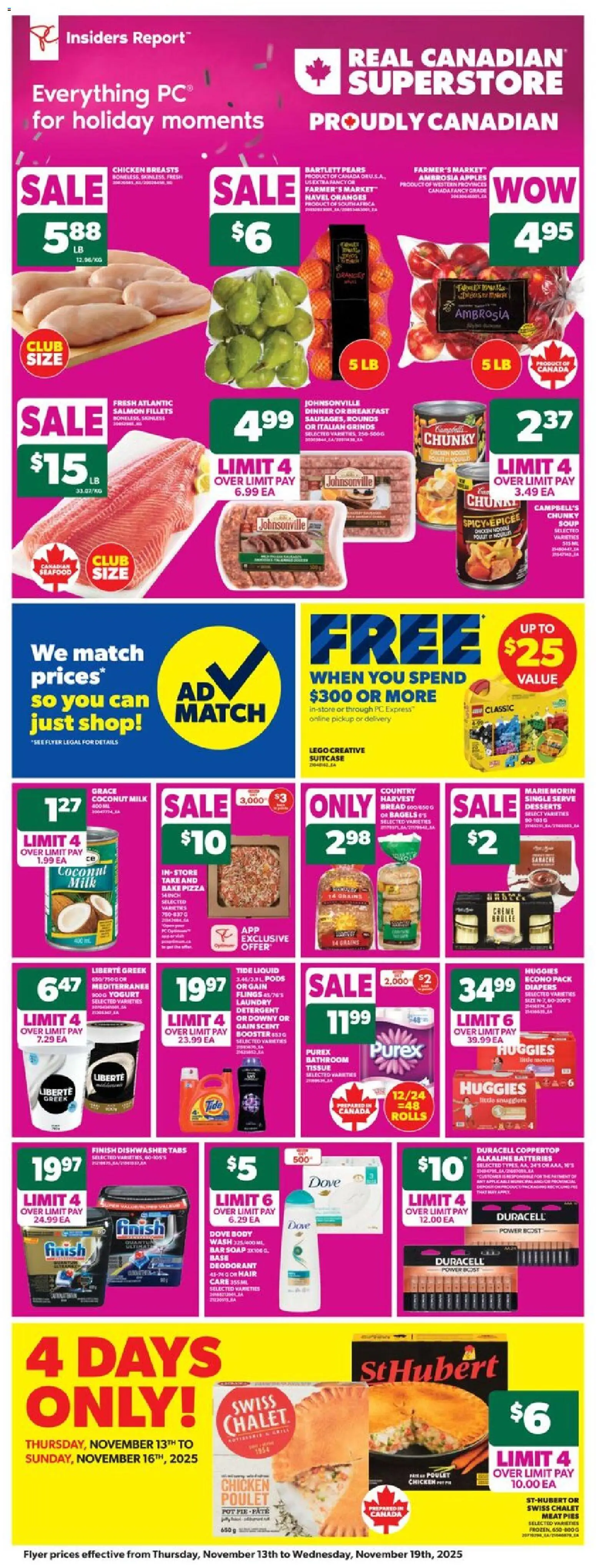 Real Canadian Superstore flyer valid from 13.11.2025 | Page: 3 | Products: Suitcase, Detergent, Pizza, Oranges