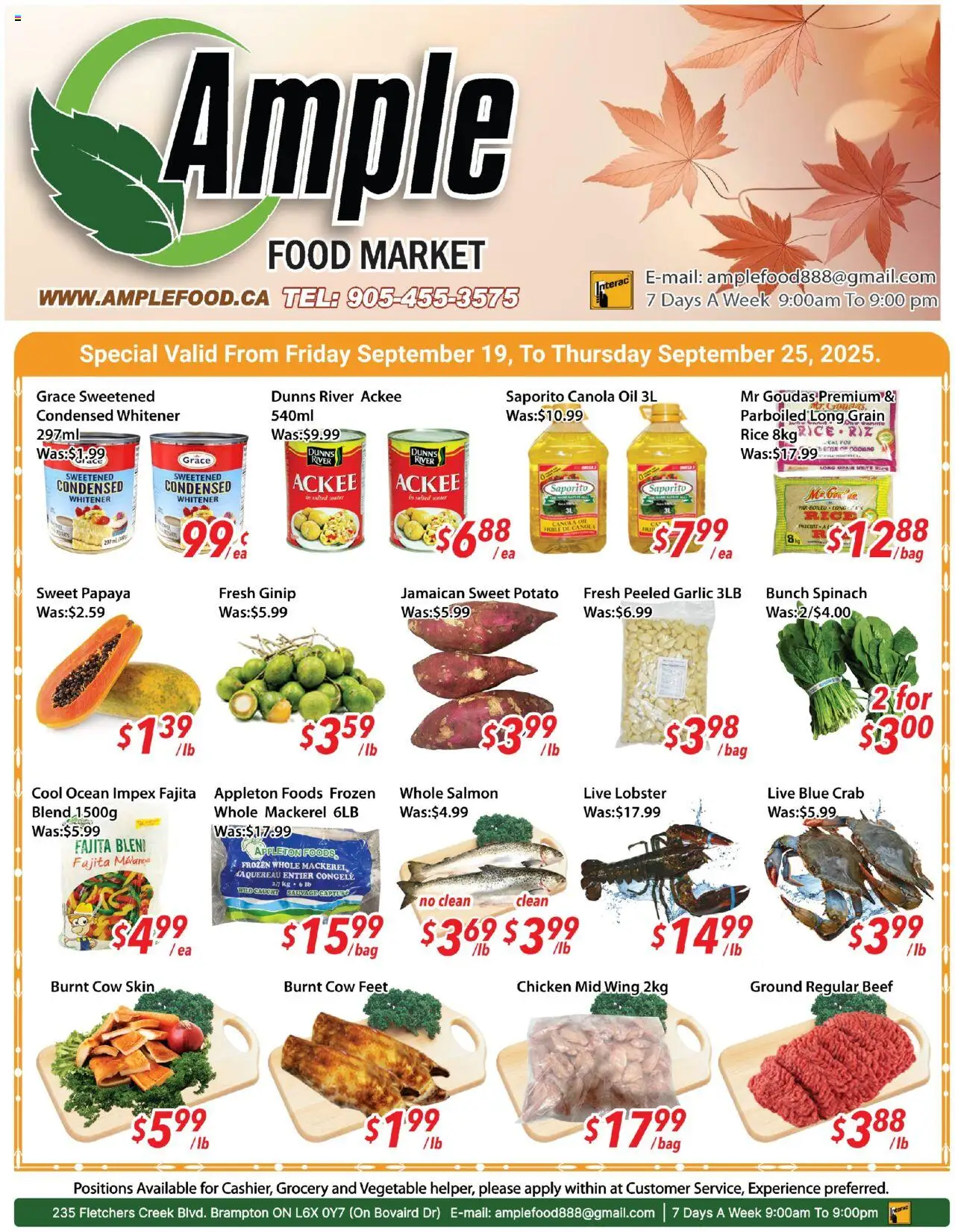 Ample Food Market flyer valid from 19.09.2025 | Page: 1 | Products: Rice, Beef, Oil, Chicken