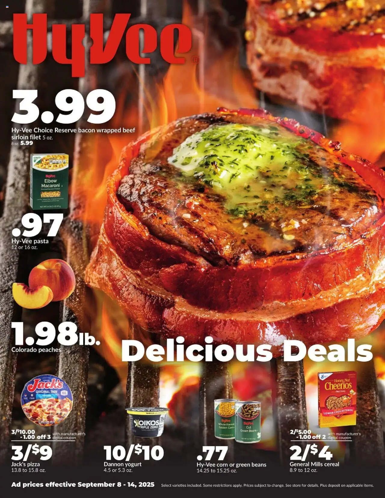 HyVee Weekly Ad - valid from 08.09.2025 | Page: 1 | Products: Corn, Peaches, Yogurt, Beef