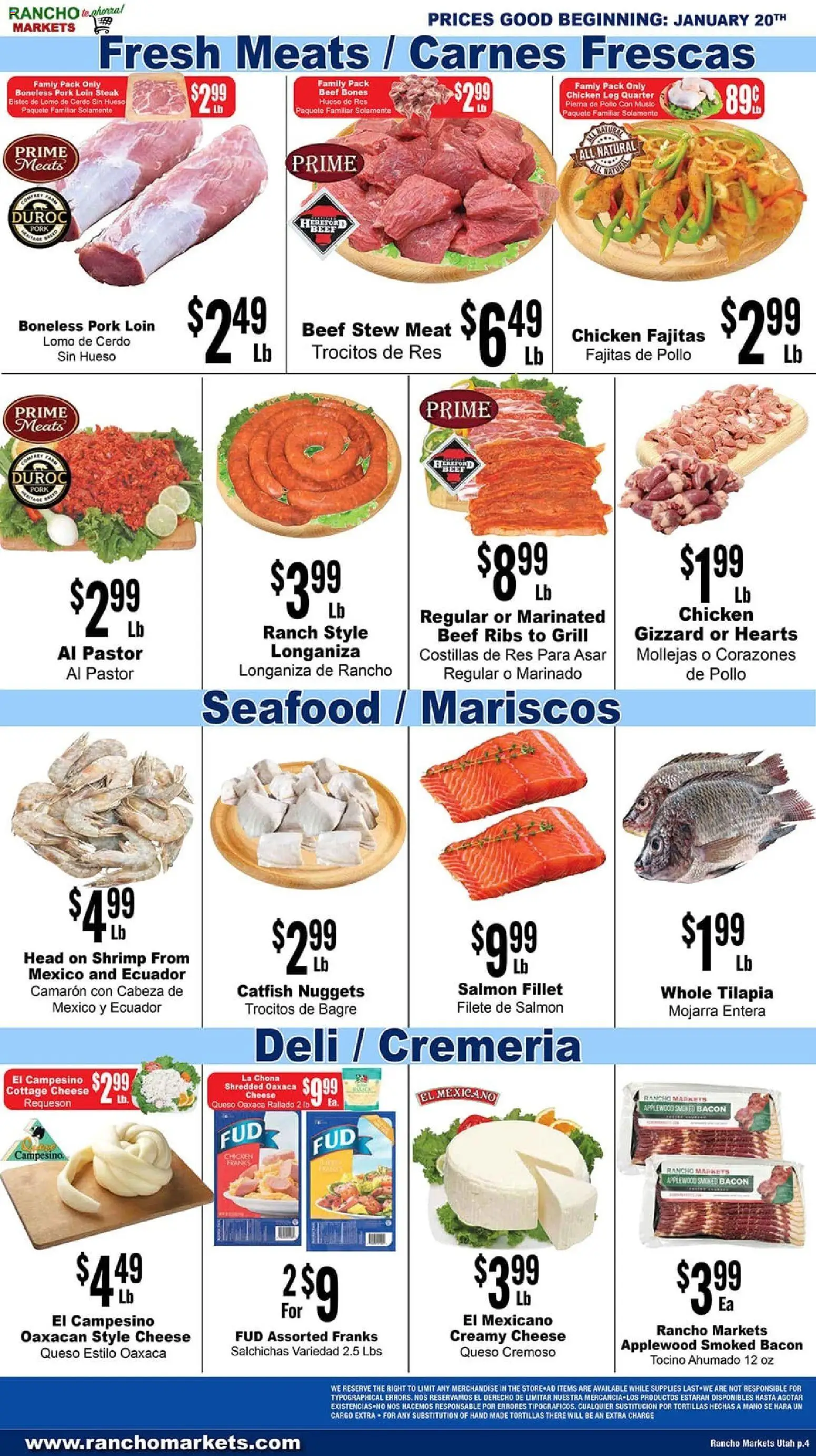 Rancho Markets Weekly Ad - valid from 20.01.2026 | Page: 4 | Products: Cheese, Beef, Cottage cheese, Seafood