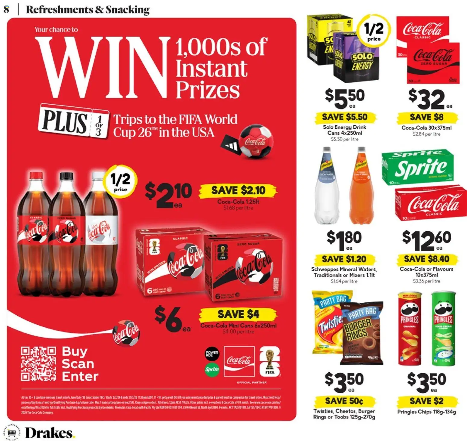 Drakes catalogue - valid from 25.02.2026 | Page: 8 | Products: Cheese, Energy drink, Coca Cola, Bag