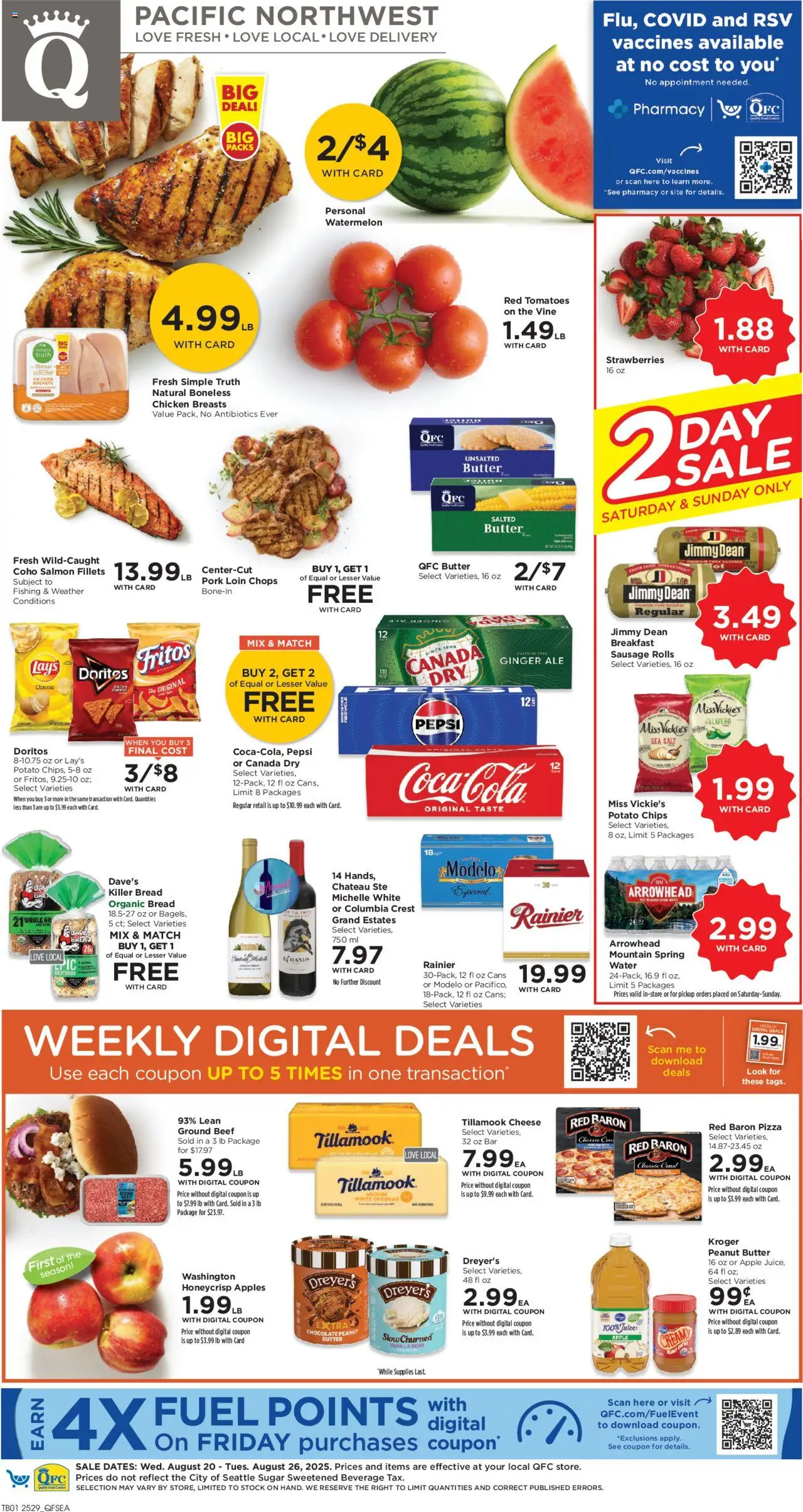 QFC Weekly Ad - valid from 20.08.2025 | Page: 1 | Products: Cheese, Pork, Tomatoes, Water