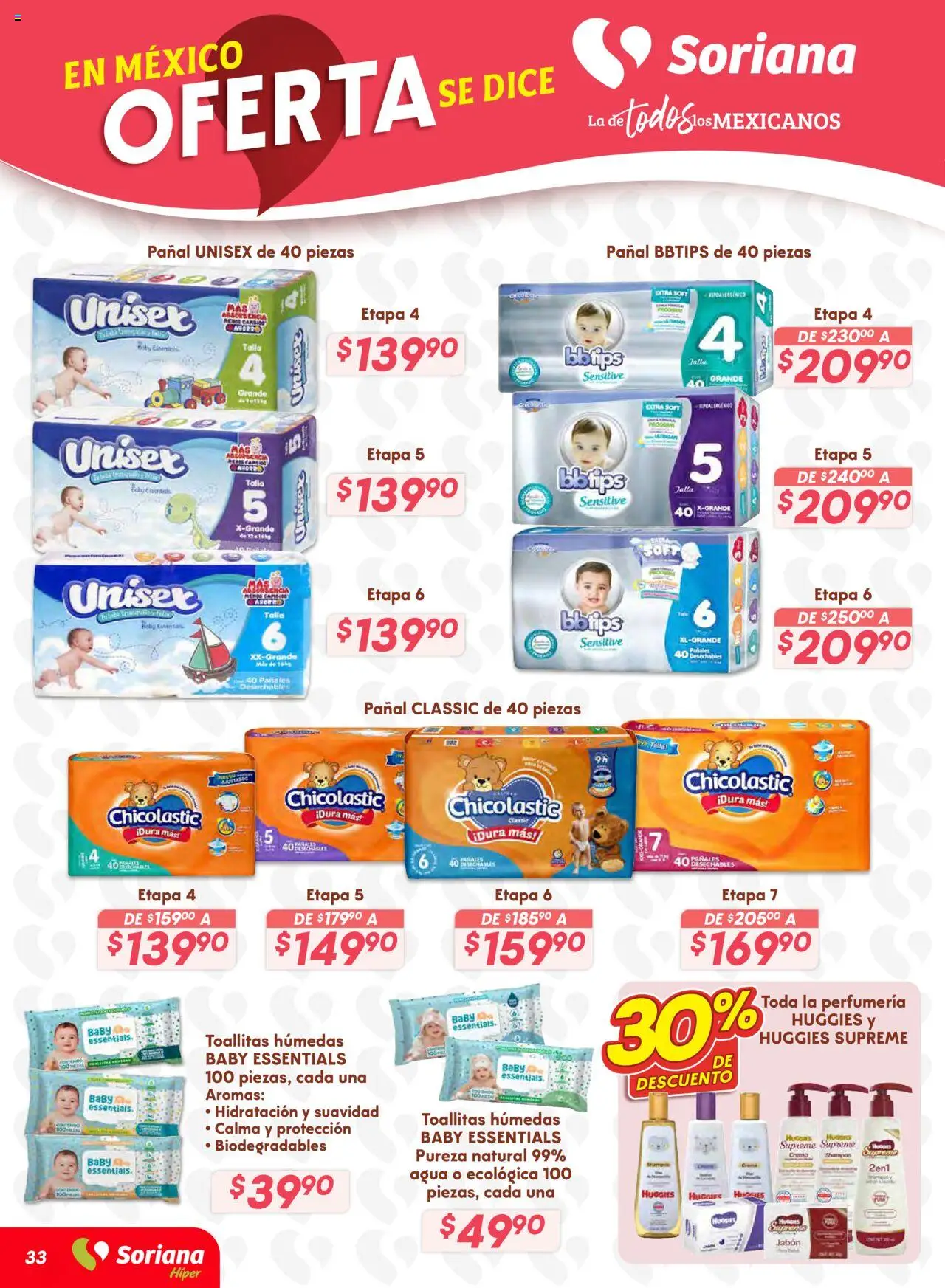Nuevas ofertas de Soriana válidas en toda la República Mexicana desde el 16.10.2025. ¡Encuentra las mejores ofertas en Soriana - Preciazazaso Híper: BCS, Jal, Nay, Sin, Son! | Página: 33 | Productos: Crema, Toallitas húmedas, Pañales, Jabón