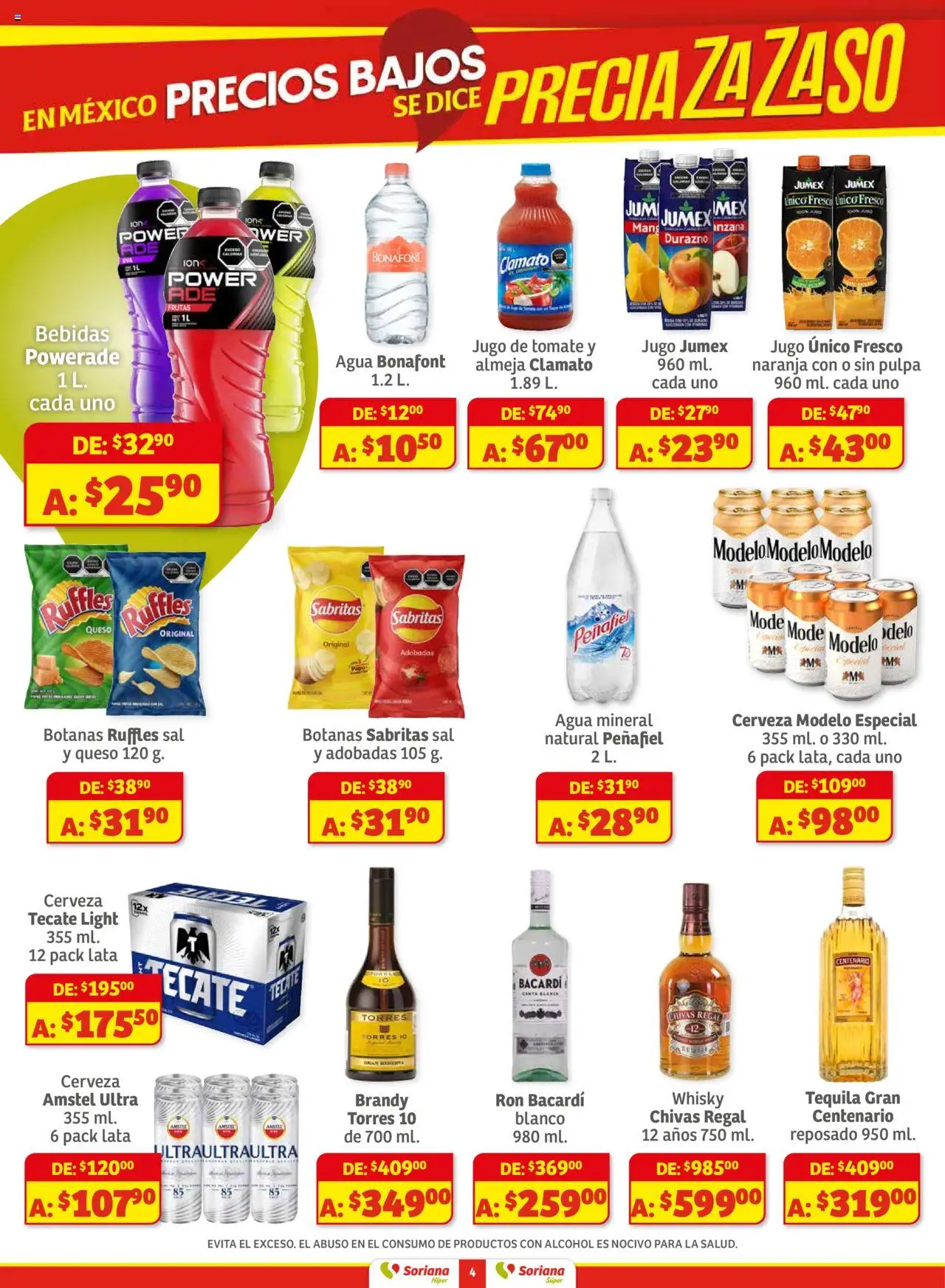 Nuevas ofertas de Soriana válidas en toda la República Mexicana desde el 01.08.2025. ¡Encuentra las mejores ofertas en Soriana - Preciazazaso Súper Ags, Col, Gto, Jal, Mich.! | Página: 4 | Productos: Durazno, Tomate, Jugo, Whisky