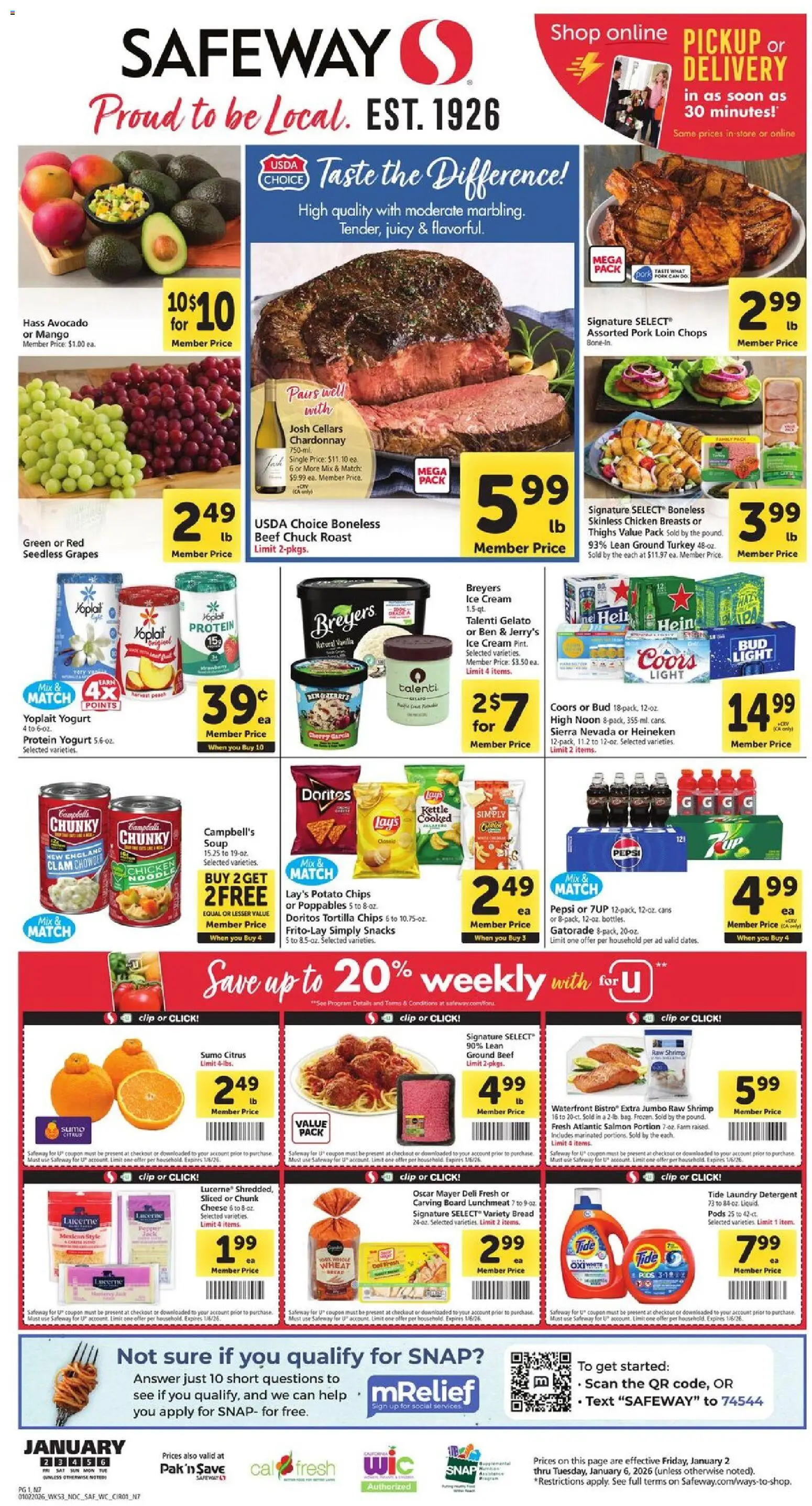 Safeway Weekly Ad - valid from 02.01.2026 | Page: 1 | Products: Cheese, Pork, Pepper, Grapes