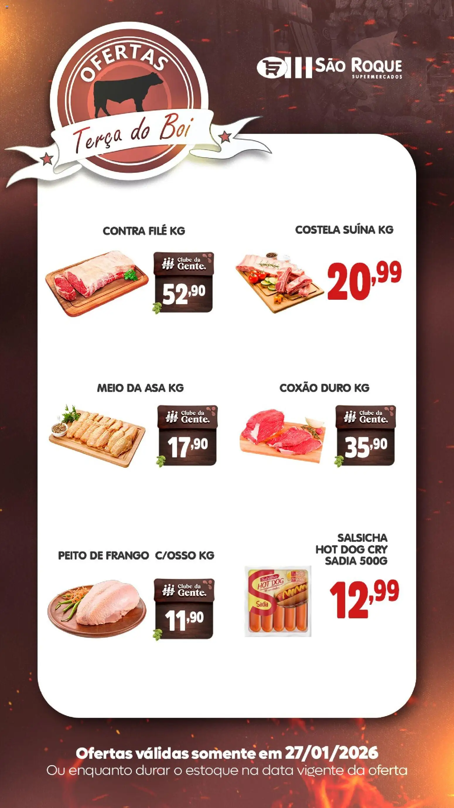 São Roque Supermercados Folheto - válido de 27.01.2026 | Página: 1 | Produtos: Salsicha, Contra filé, Frango, Peito de frango