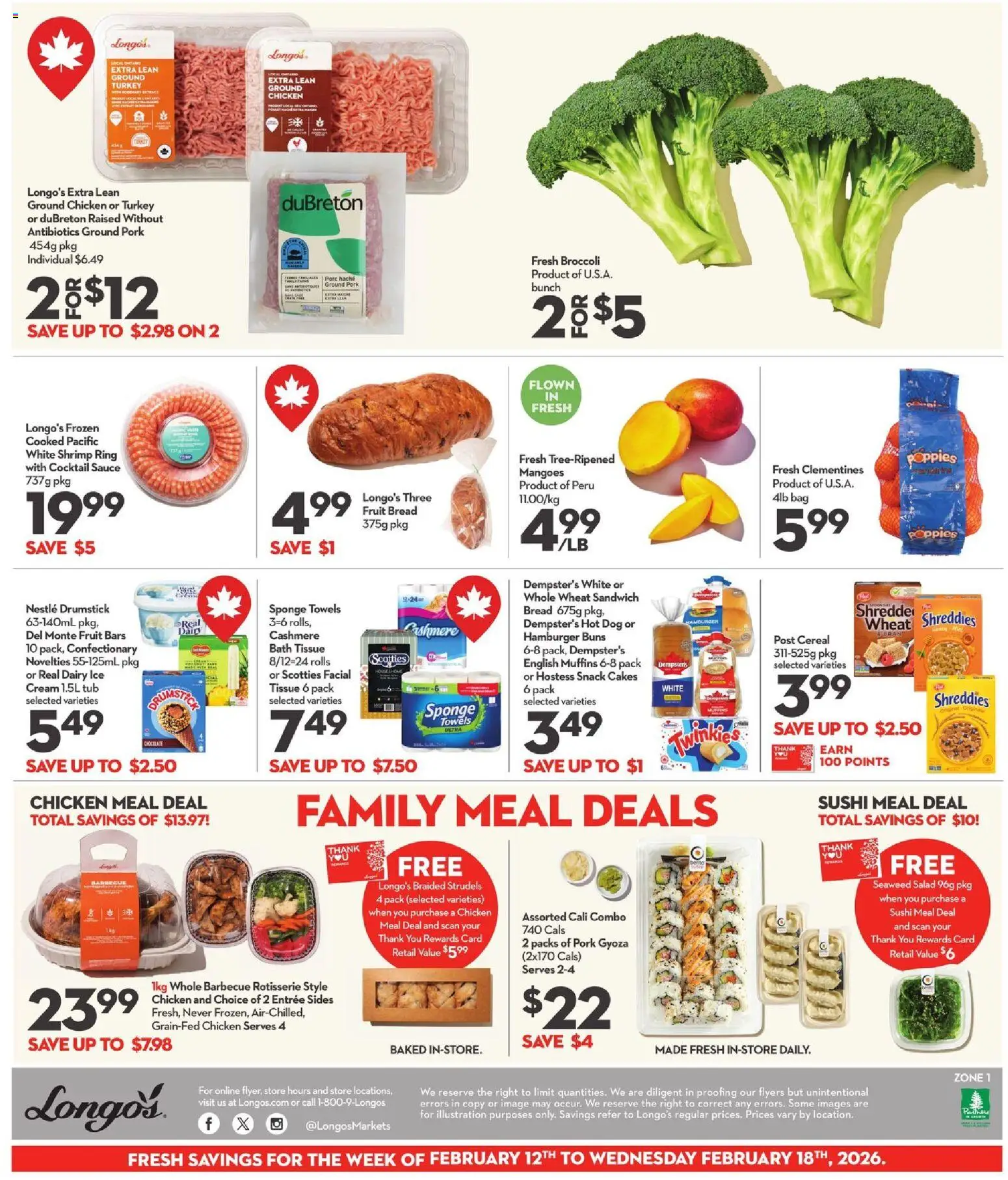 Longo's flyer valid from 12.02.2026 | Page: 3 | Products: Salad, Turkey, Sponge, Chocolate