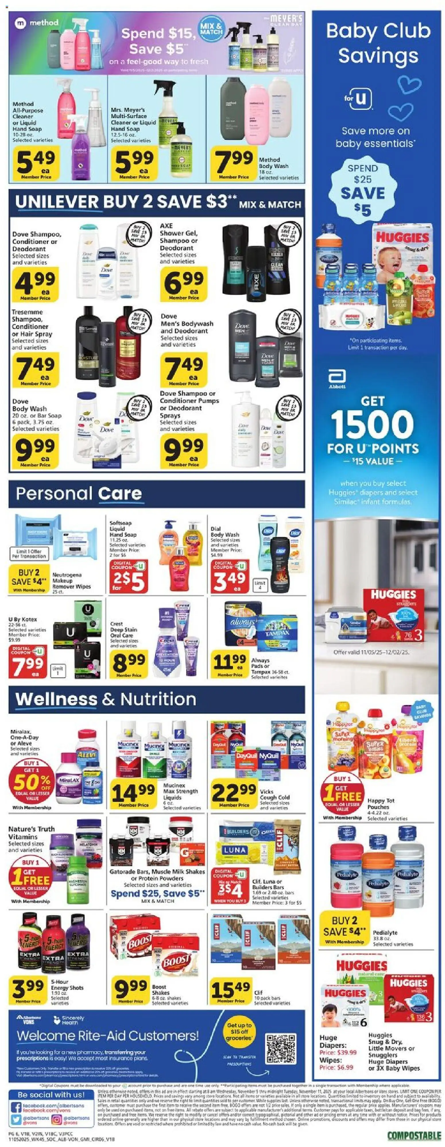 Vons Weekly Ad - valid from 05.11.2025 | Page: 5 | Products: Makeup Remover, Deodorant, Pads, Body Wash