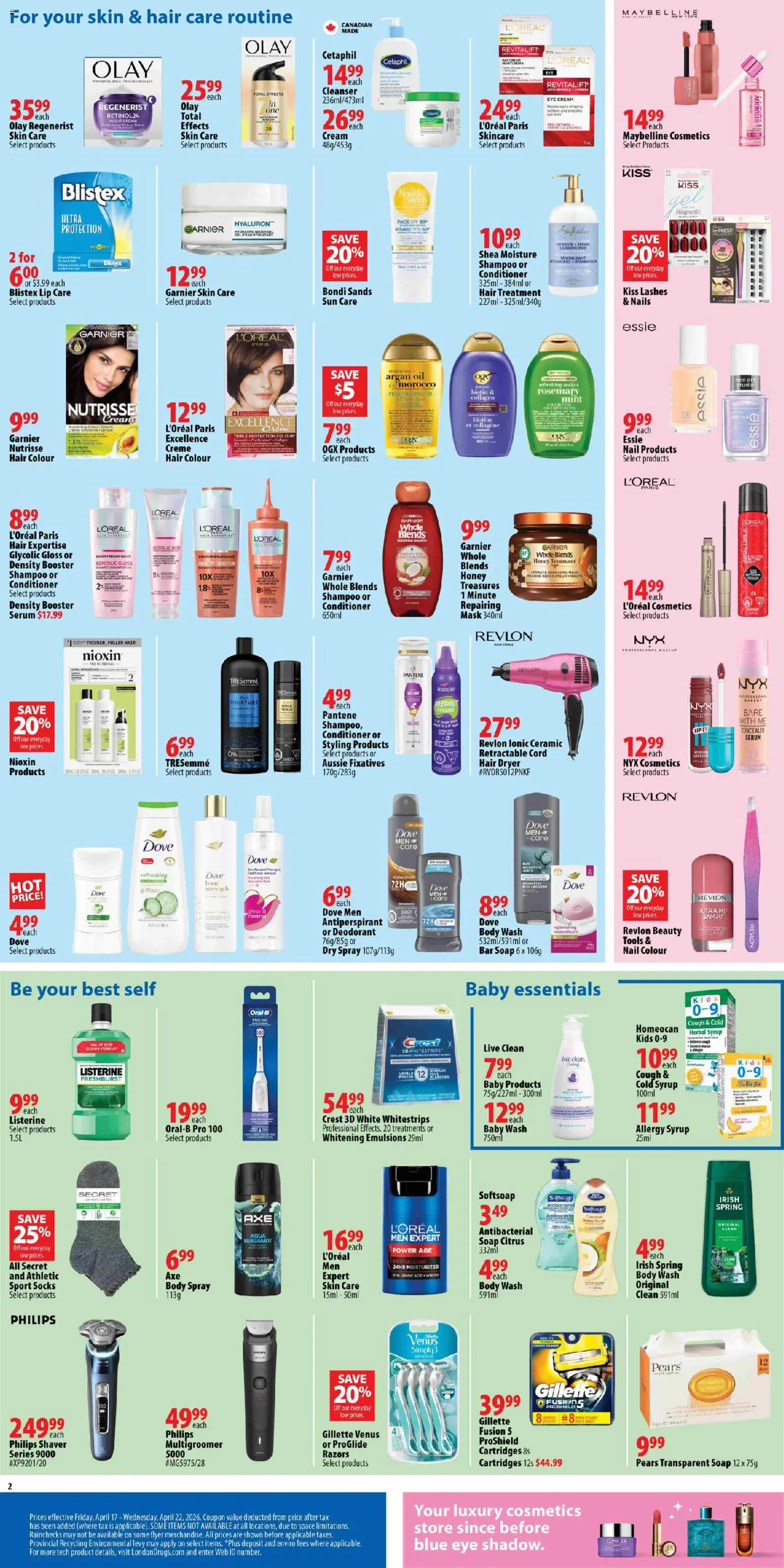 London Drugs flyer valid from 17.04.2026 | Page: 2 | Products: Dryer, Concealer, Shampoo, Body wash