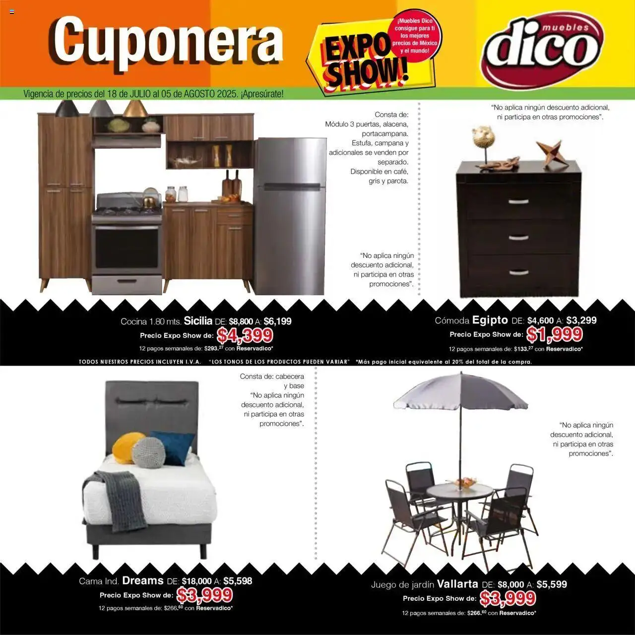 Nuevas ofertas de Muebles Dico válidas en toda la República Mexicana desde el 18.07.2025. ¡Encuentra las mejores ofertas en Muebles Dico - Cuponera Expo Show Julio! | Página: 1 | Productos: Cabecera, Juego, Cama, Campana